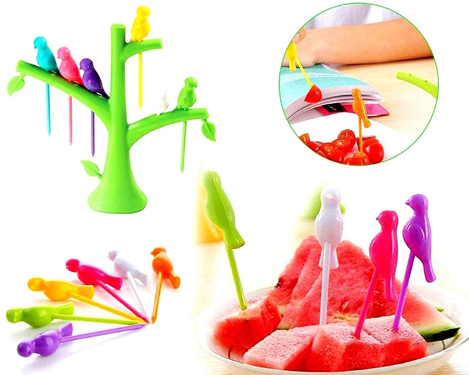 Plastic Bird Fork Set with Tree Shape Holder Rack Green