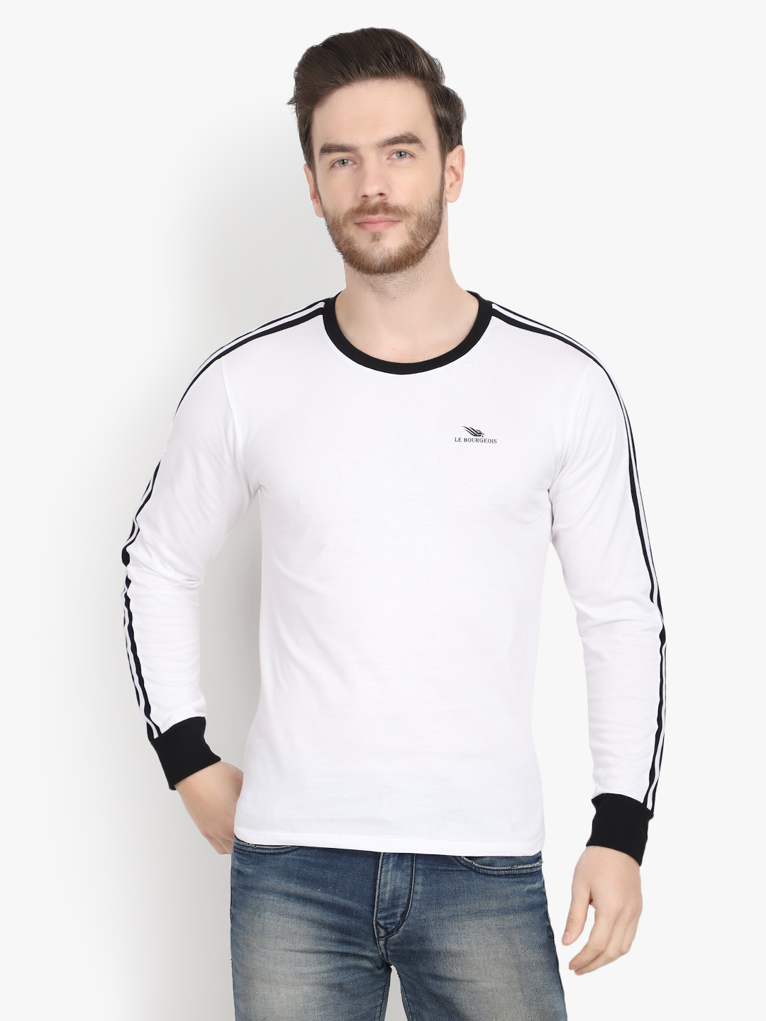 Buy Le Bourgeois Men White Solid Round Neck Full Sleeve T Shirt Online