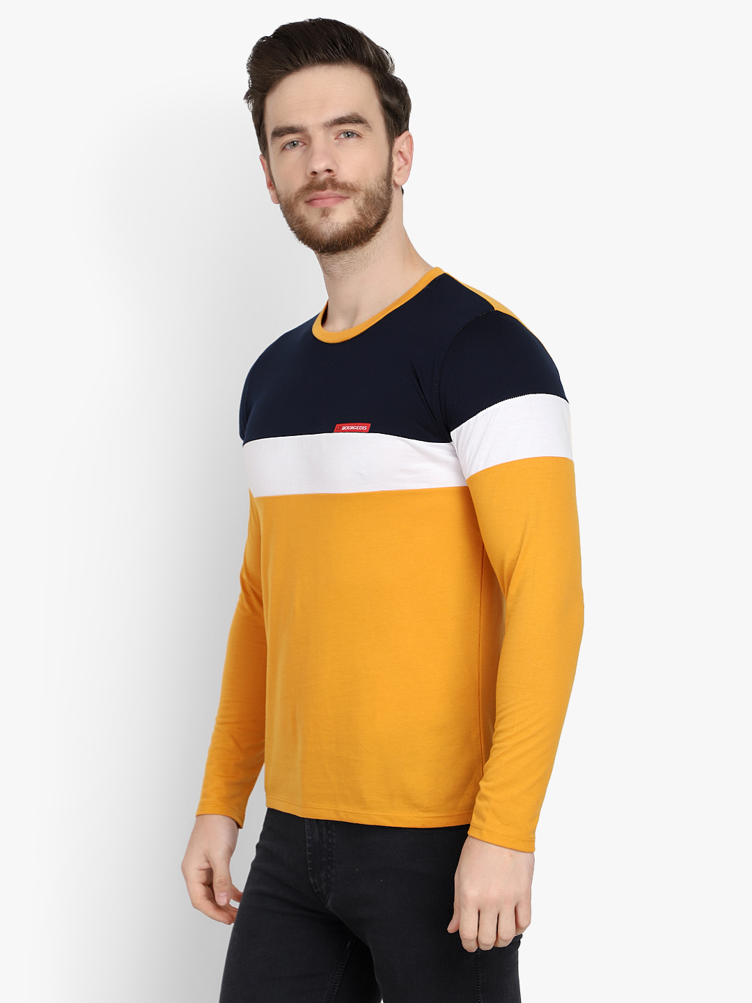 Buy Men Yellow Navy Colorblocked Full Sleeve T-Shirt Online @ ₹399 from ...