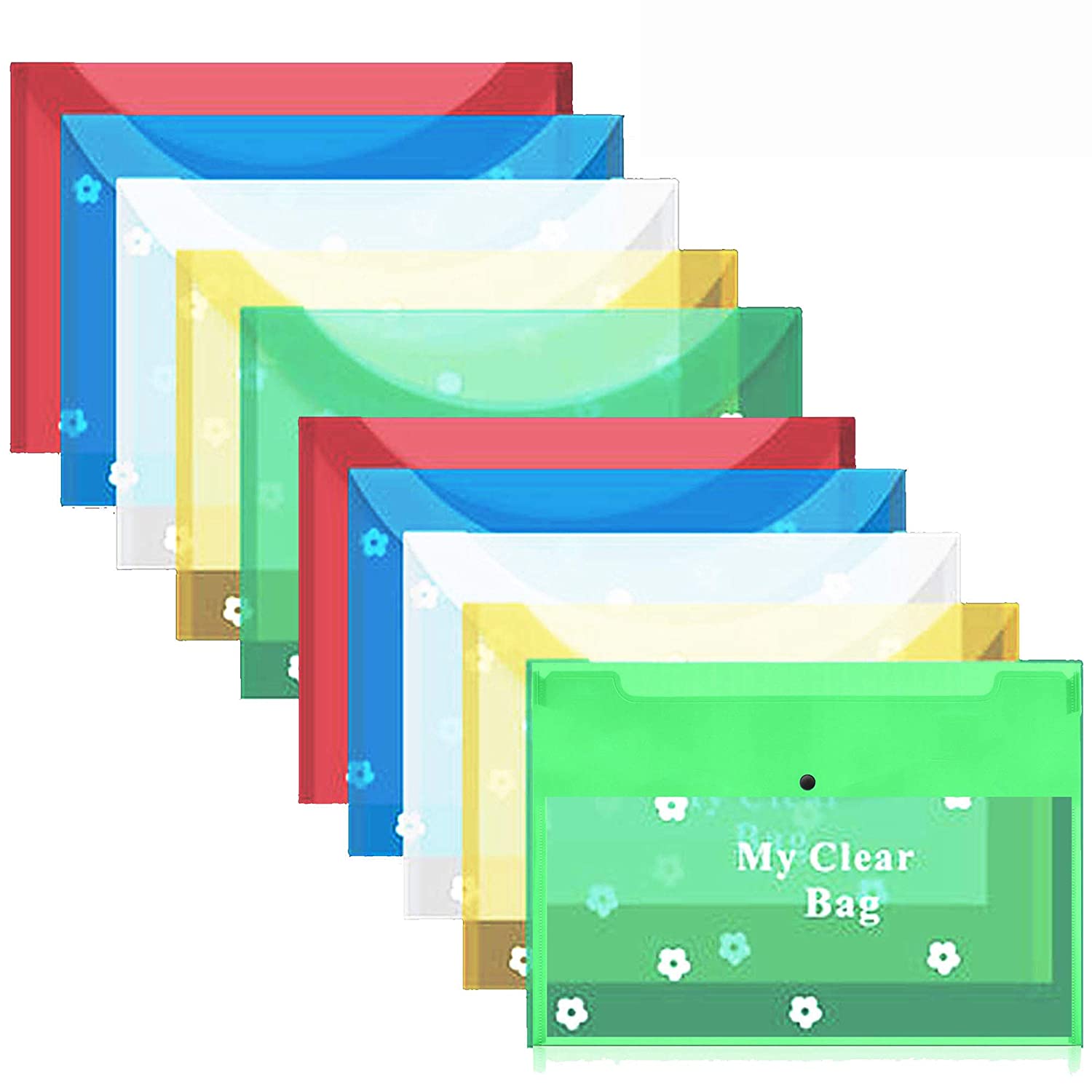 A4 Document File Bag, Transparent Holder Storage Case, Snap Button Organizer for Papers, Stationery Pack of 10