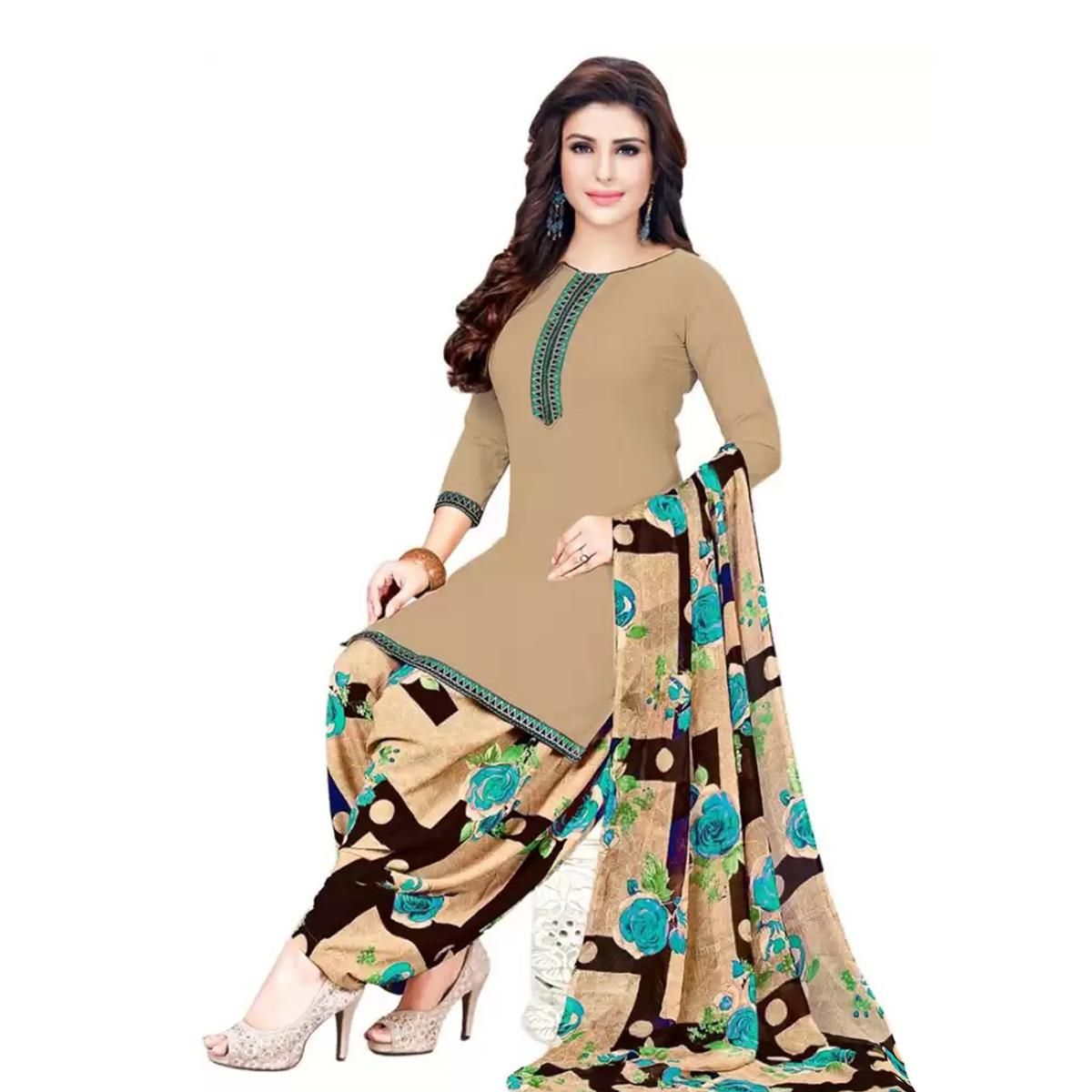 Synthetic Beige Printed Crepe Leon Unstitched Salwar Suits Dress Material With Dupatta By SVB Saree