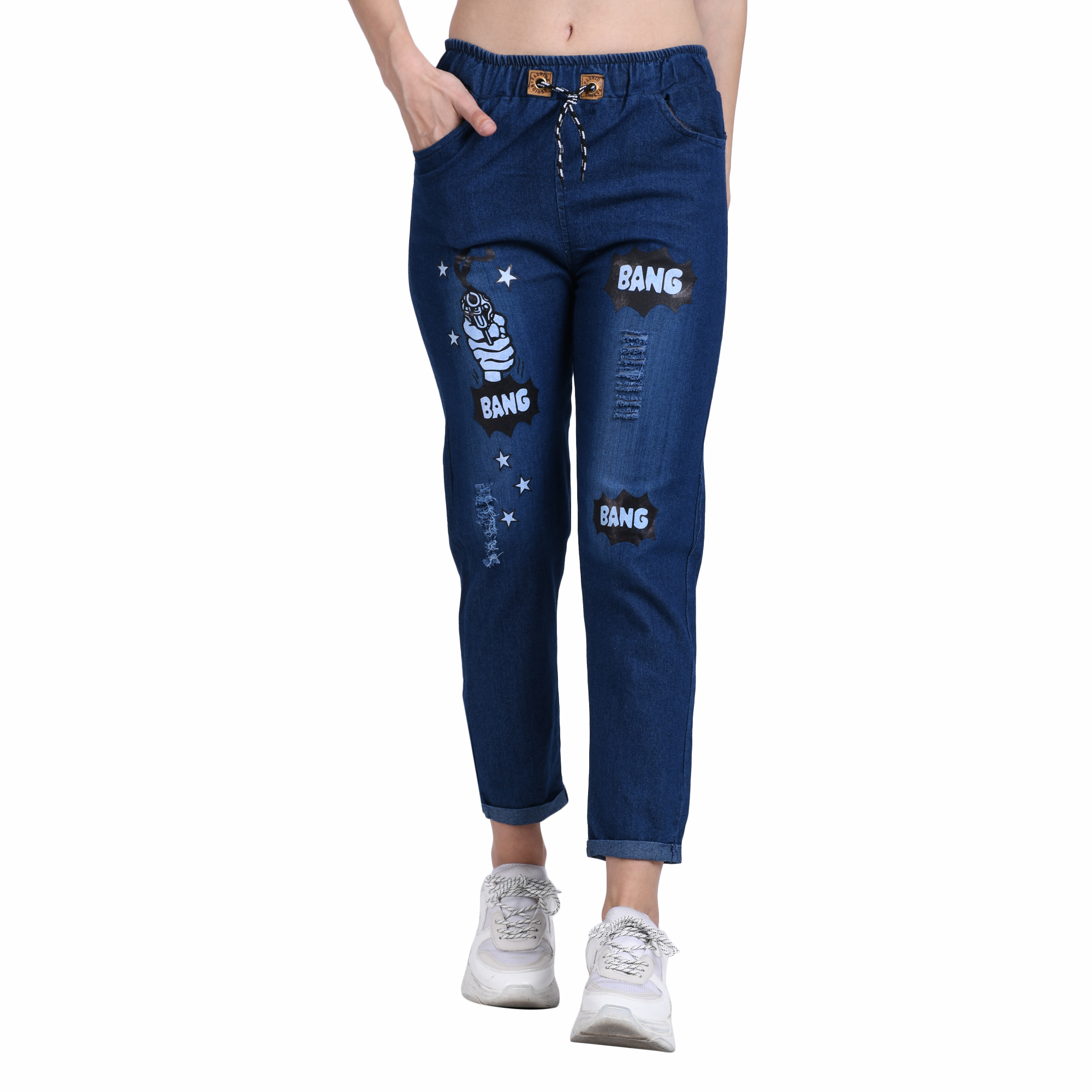 Buy BuyNewTrend Roll Up Dark Blue Drawstring Printed Jeans For Women ...