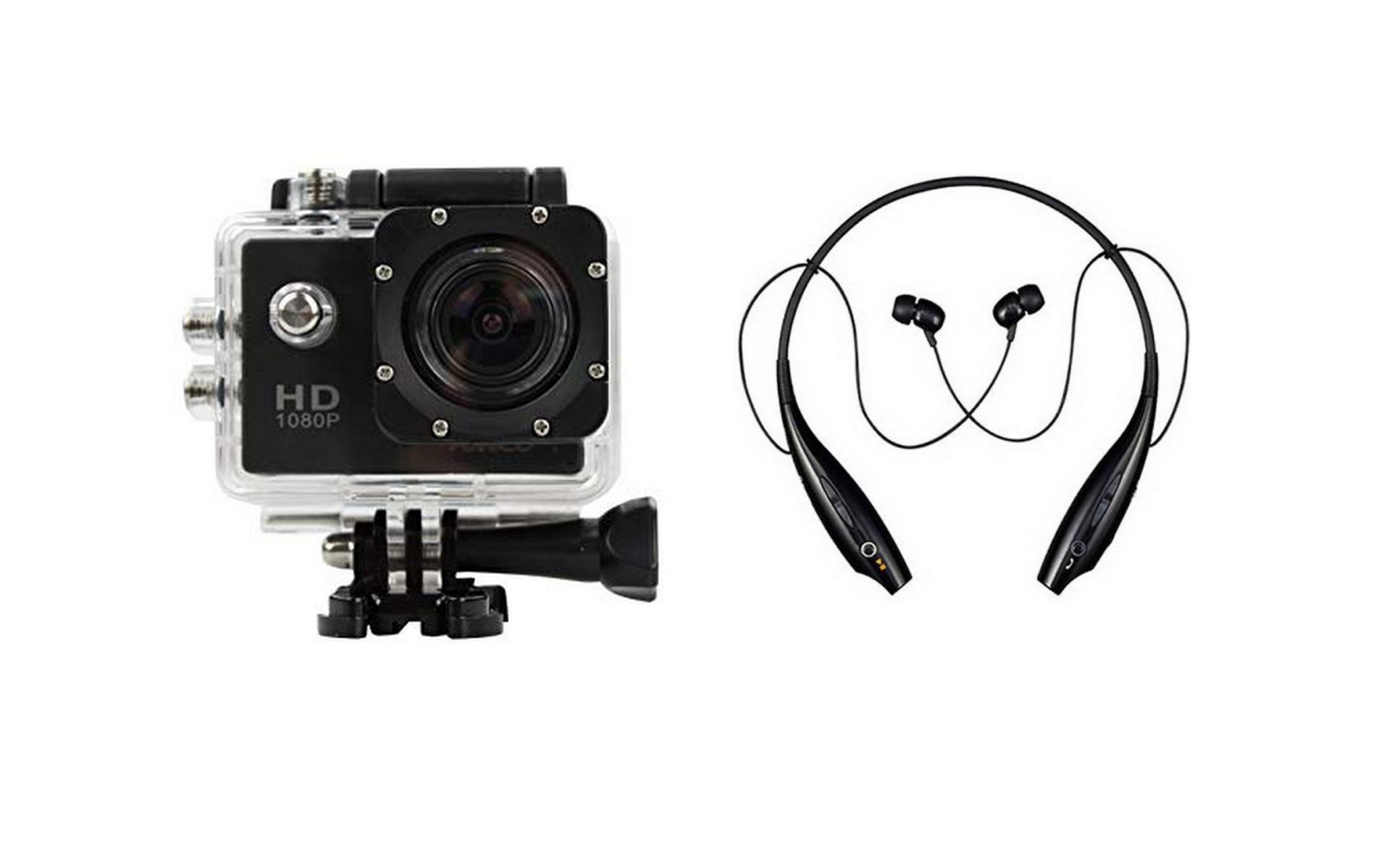 Bushwick Action HD 1080p 12MP Waterproof Sports Camera With Music Talking HBS 730 Bluetooth Headphones.
