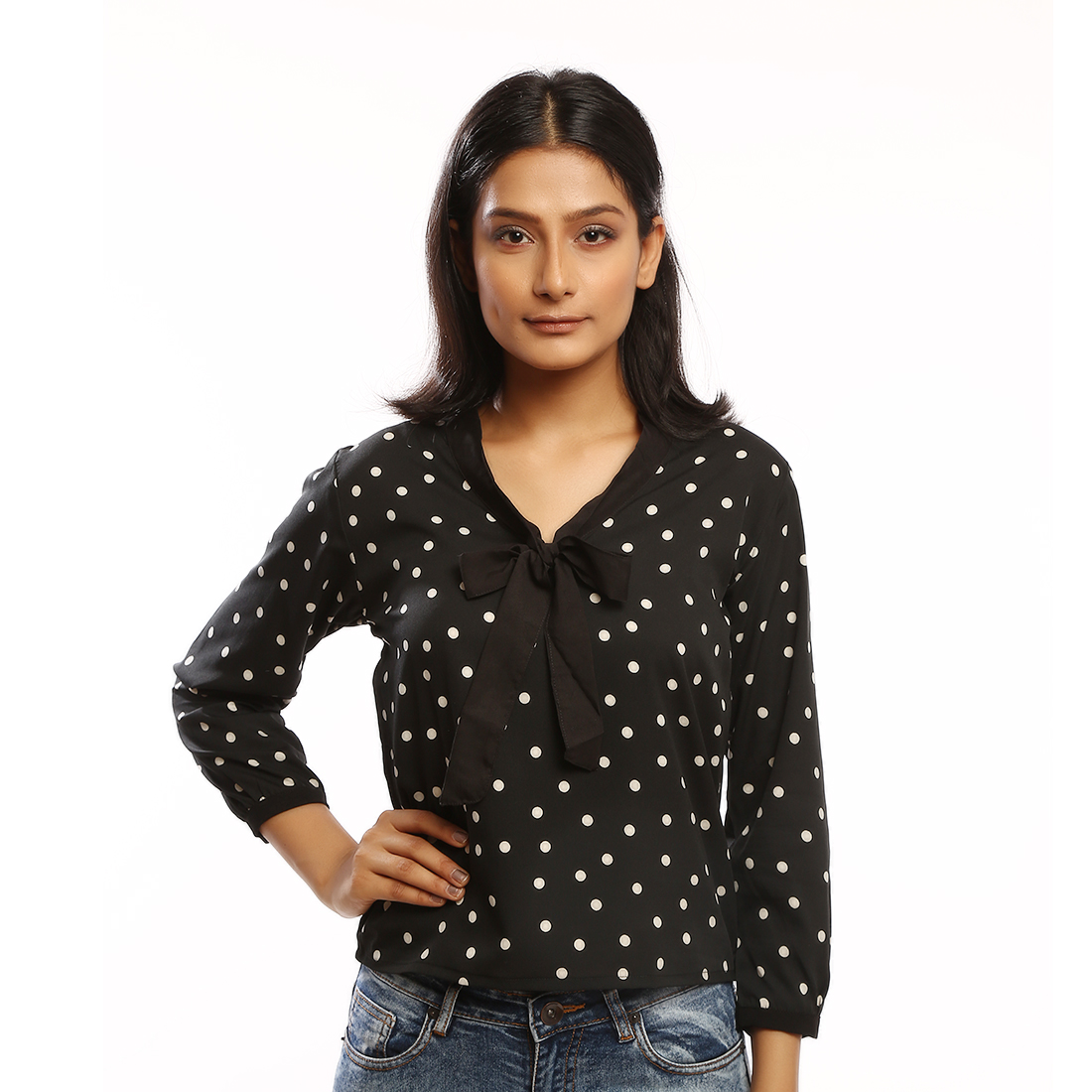 Buy Casual Regular Sleeve Polka Print Women Black Top Online ₹399