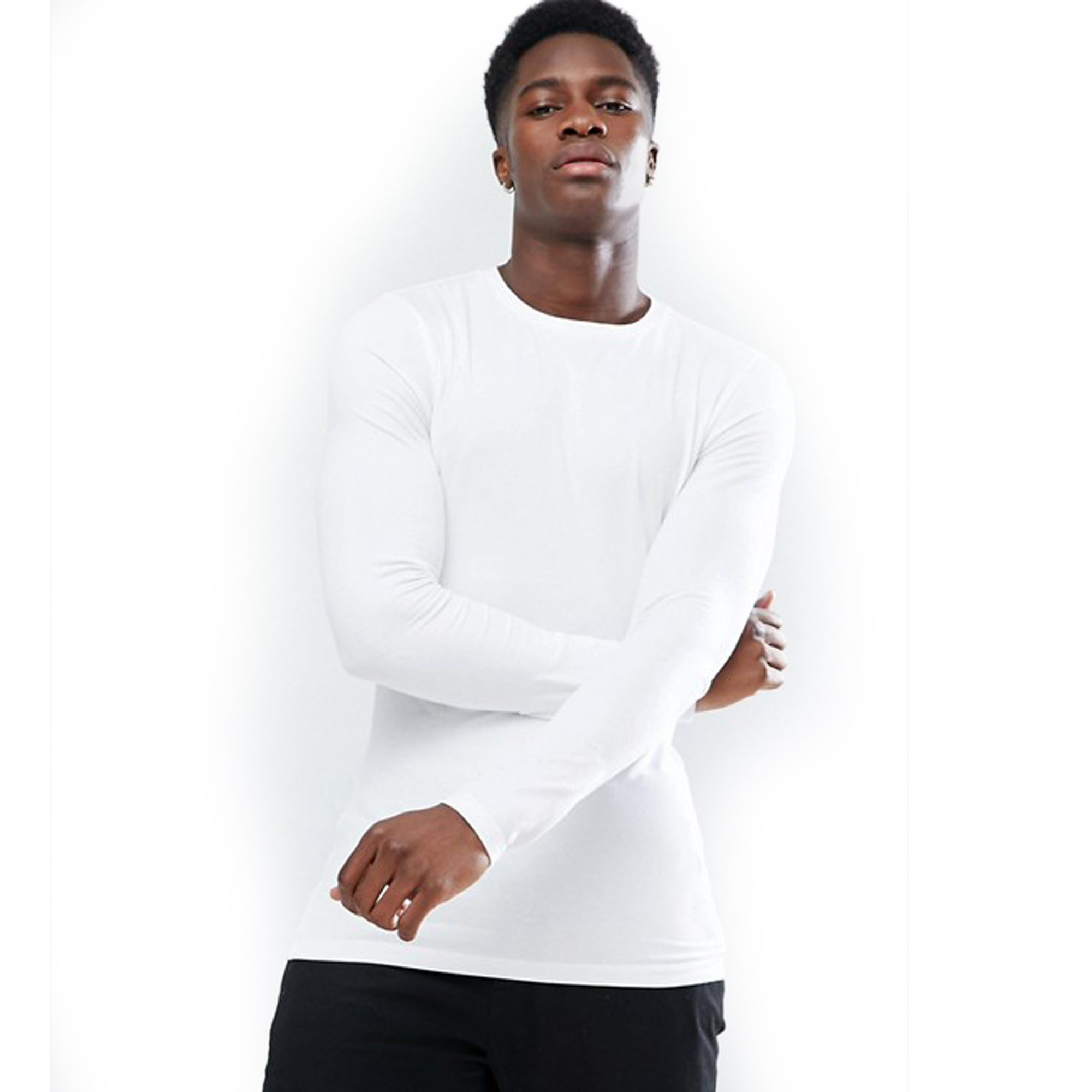 PAUSE White Solid Cotton Round Neck Regular Full Sleeve Men's T Shirt