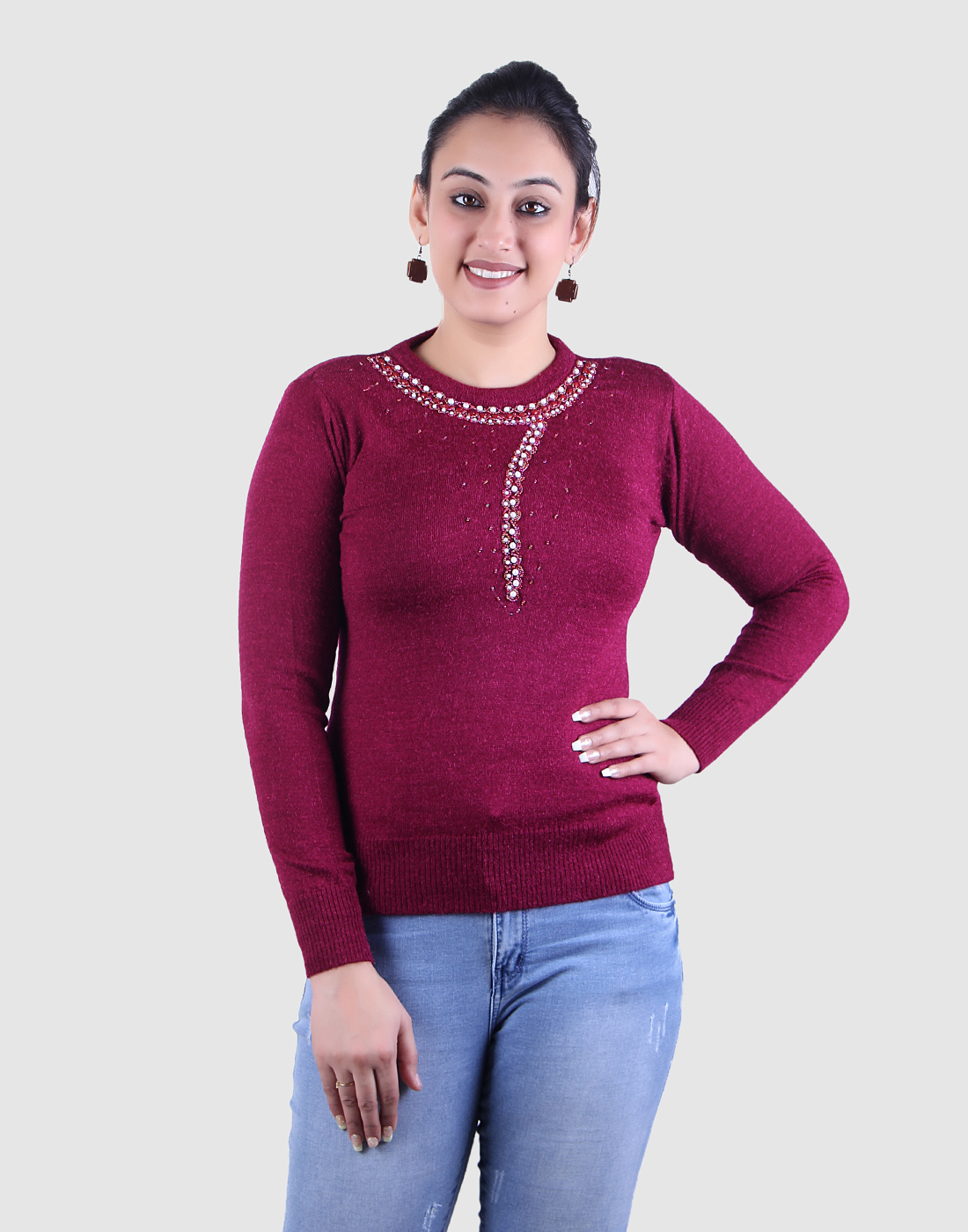 Buy Ogarti woollen full sleeve round neck Magenta Women's Sweater ...