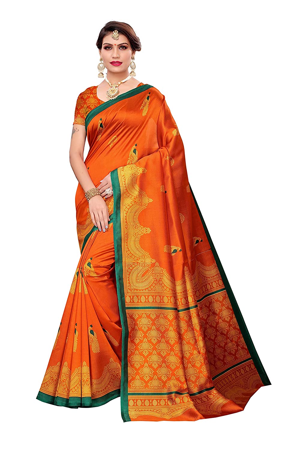 SVB Orange Printed Mysore Silk With Blouse Saree