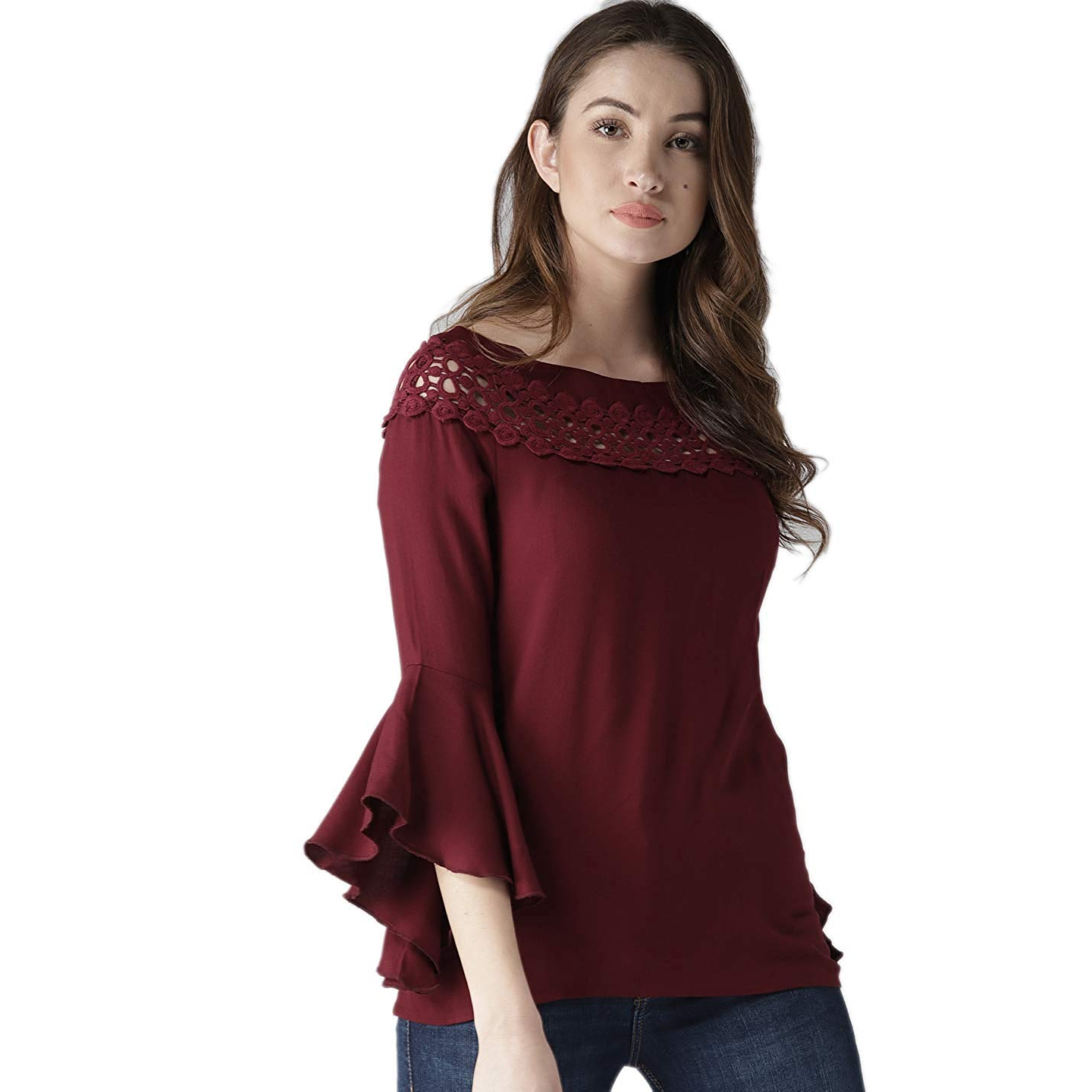 Popster Maroon Solid Rayon Regular Fit 3/4 Sleeve Womens Top
