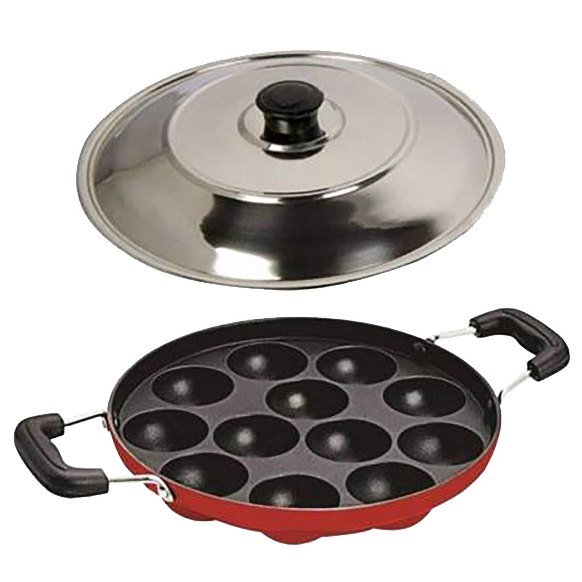 Buy Evershine Select Non Stick 12 Cavities Appam Patra with Lid, Red ...