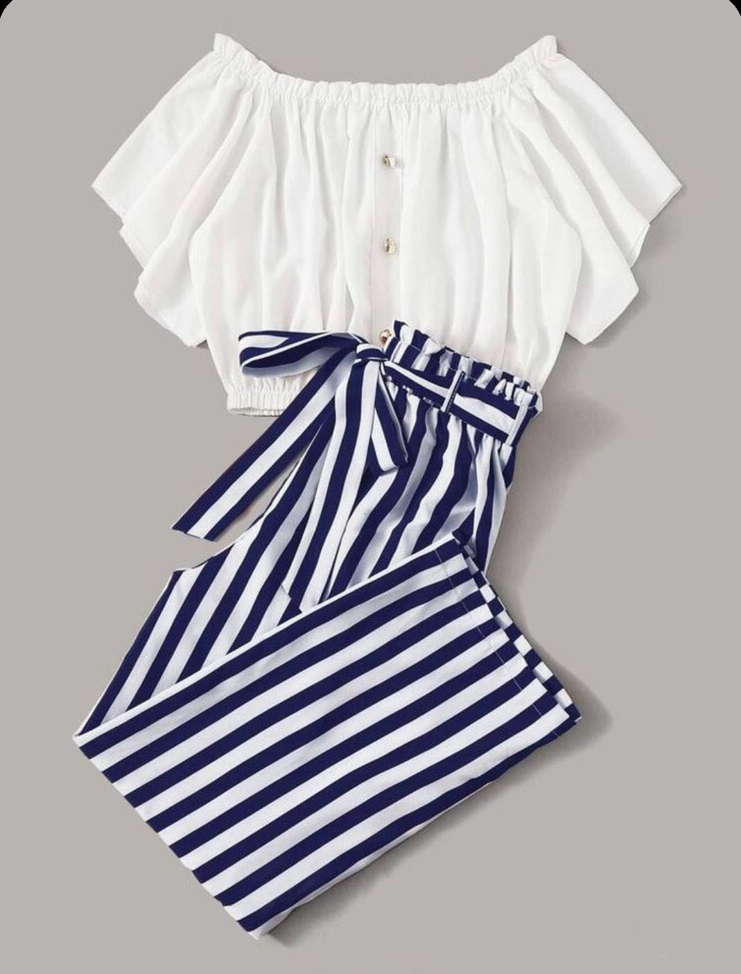 westchic combo of women navy striped casual pant & white off shoulder top