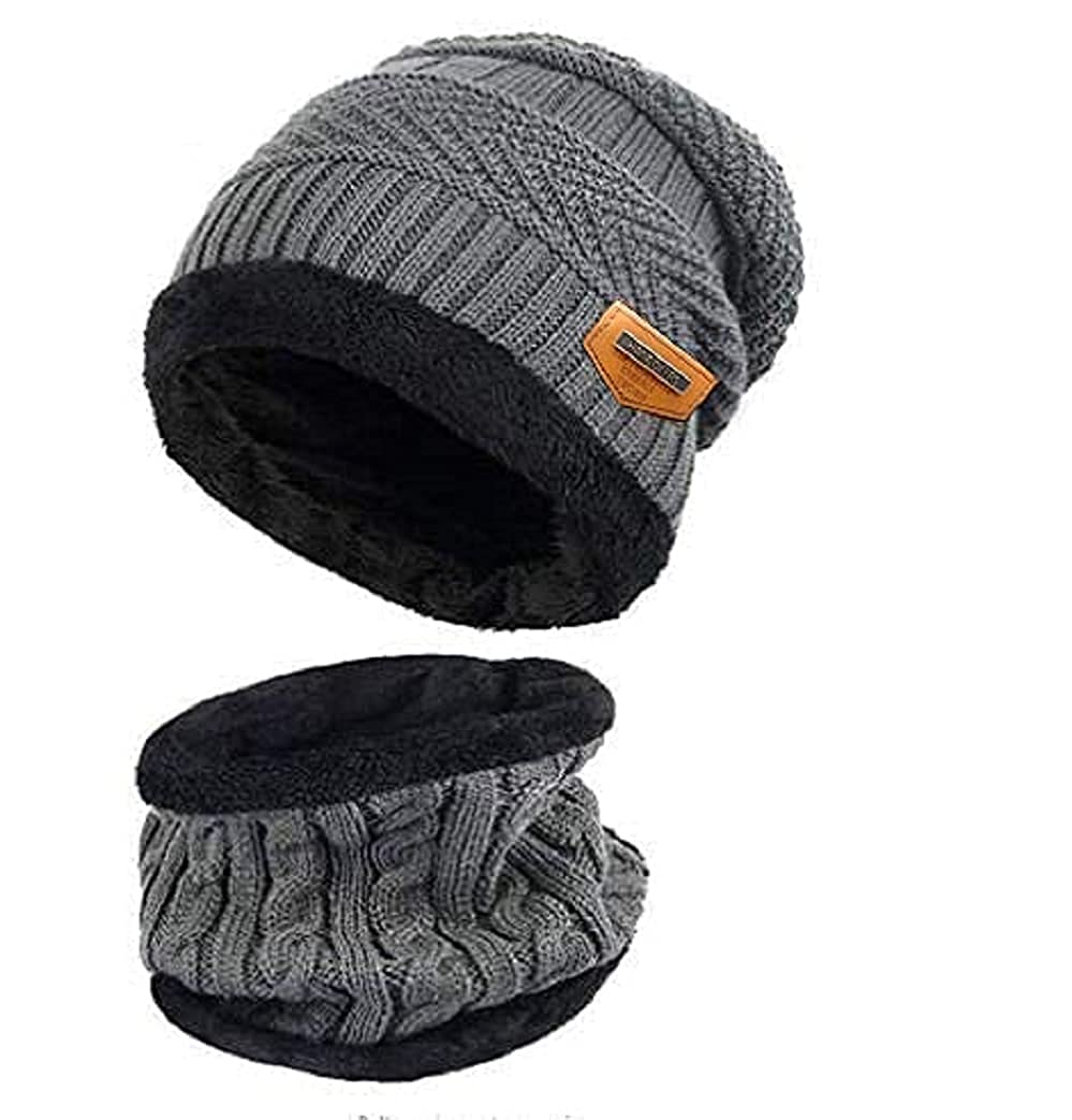 FITG18 Unisex Wool Beanie & Scarf Set - Stretch Knit, Fleece Lined, Free Size For Men & Women