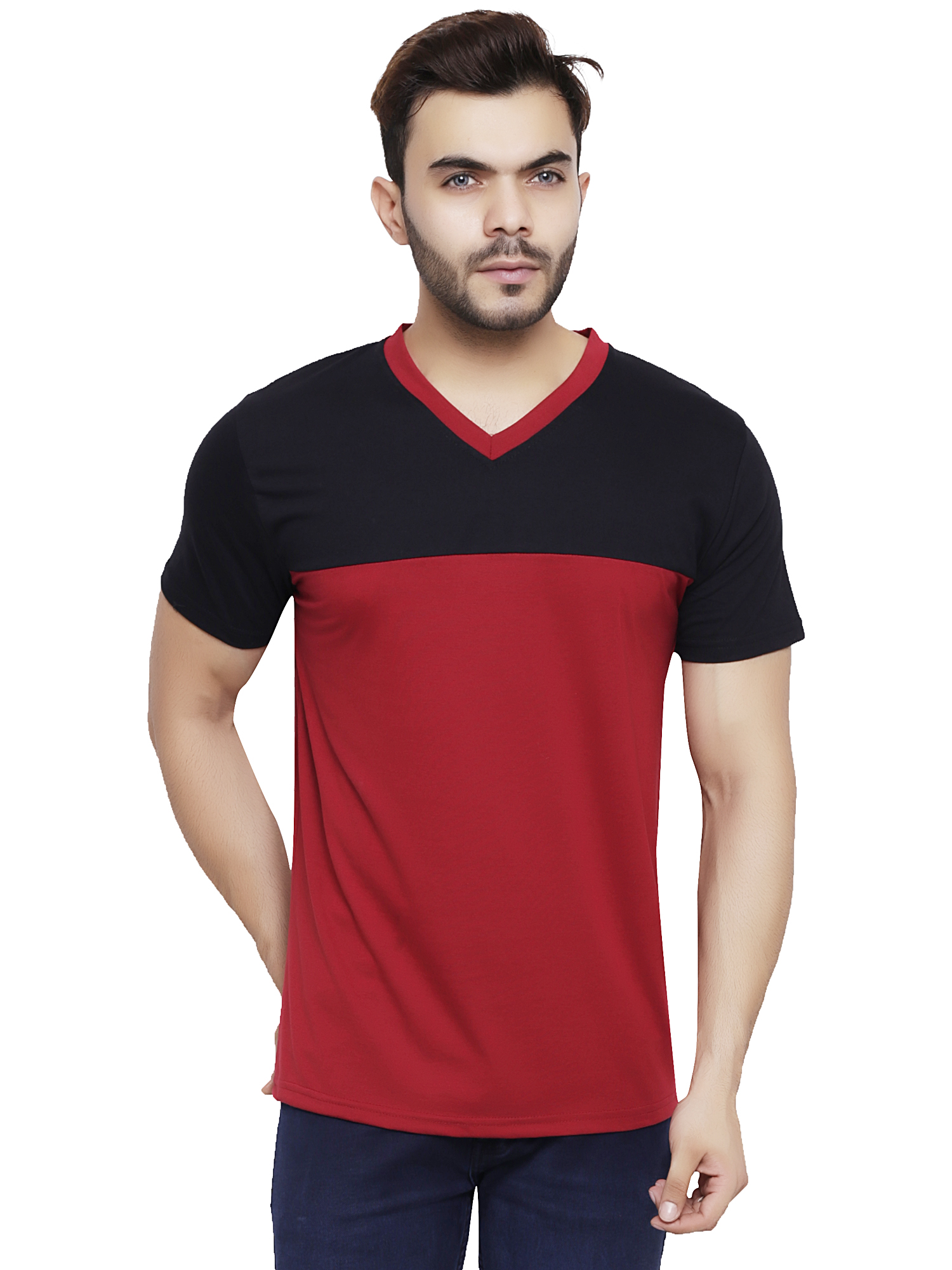 ZETE029 Black Maroon V Neck T Shirt For Men