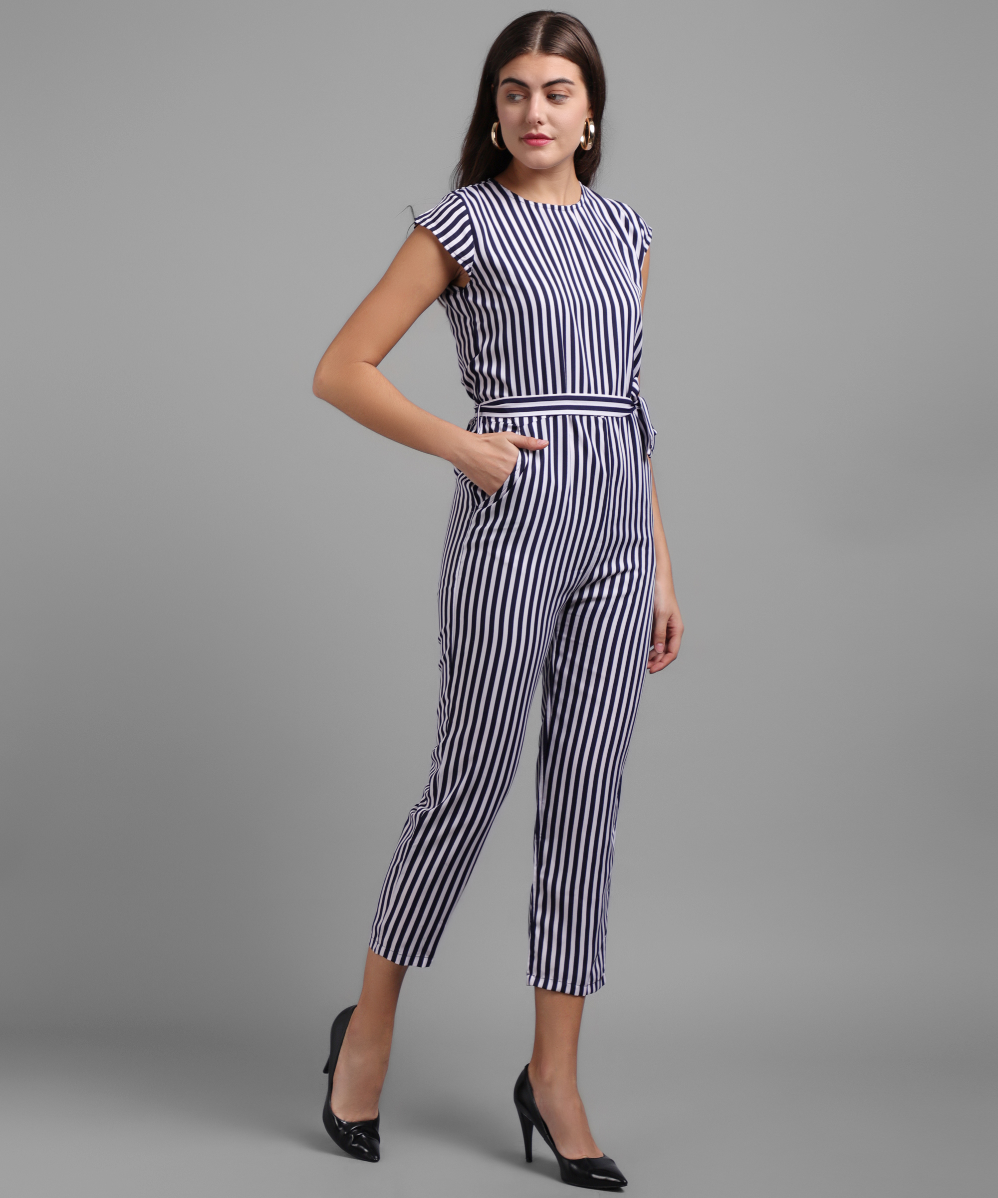 Buy Vivient Women Nevy Blue Small Stripe Printed Front Knot Jumpsuits ...