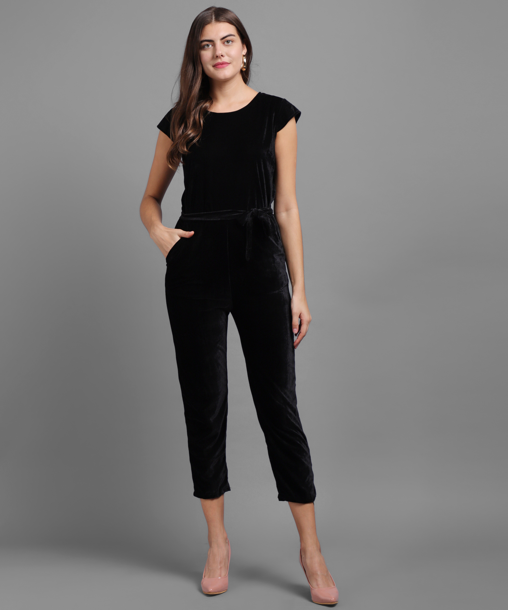 Buy Vivient Women Black Plain Velvet Jumpsuit Online - Get 77% Off