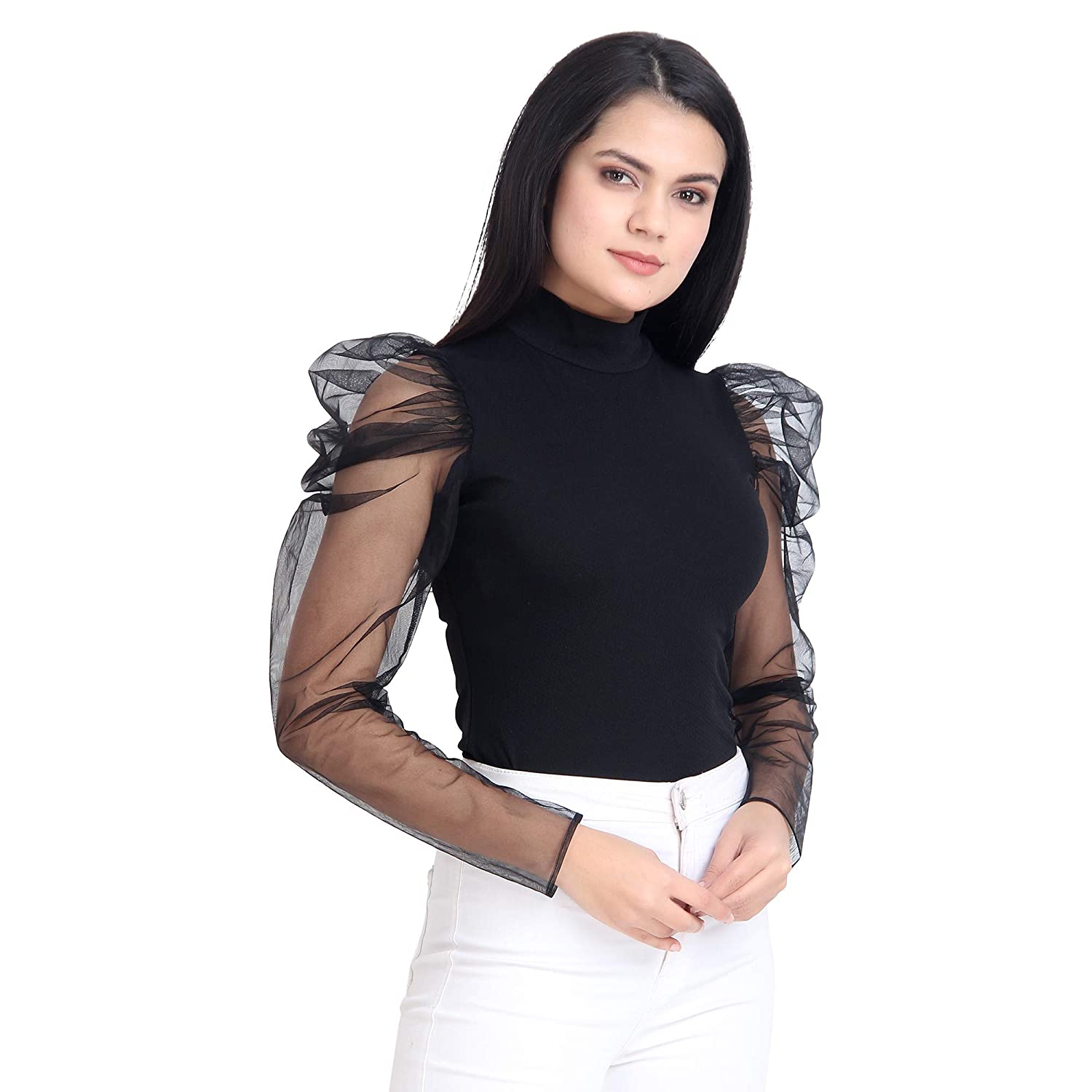 Buy Cutext Fashion Black High Neck Full Sleeve Top For Women Online