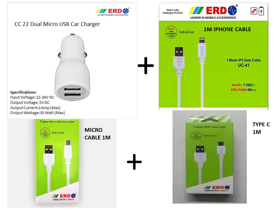 ERD CAR CHARGER with Combo data cable pack for All mobile type 100 original ERD MICRO + TYPE C+ IP5 Cables