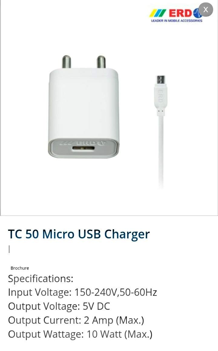 ERD TC 50 5V 2Amp Super Fast Charger with 1 Meter USB Cable for All Android and Smart Phones White