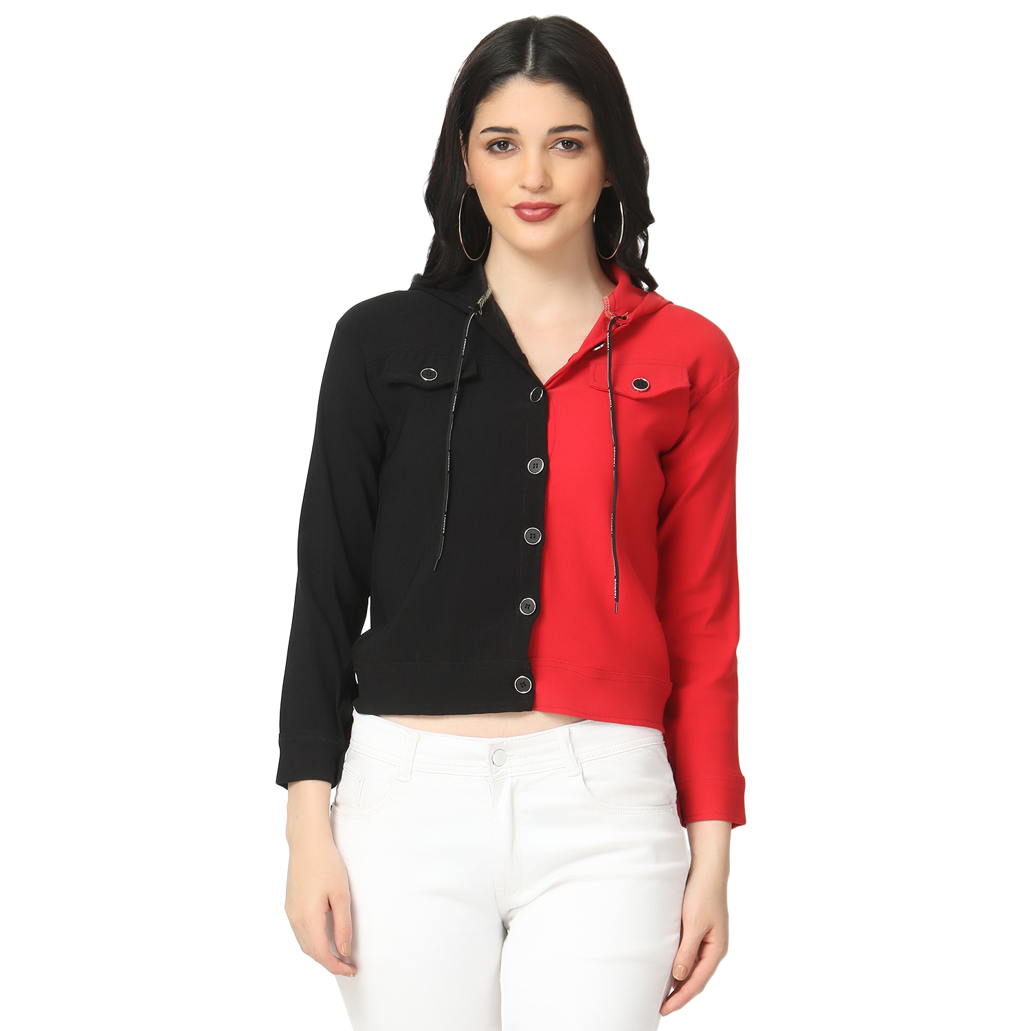 BuyNewTrend Cotton Lycra Black and Red Buttoned Jacket with Hoodie For Women