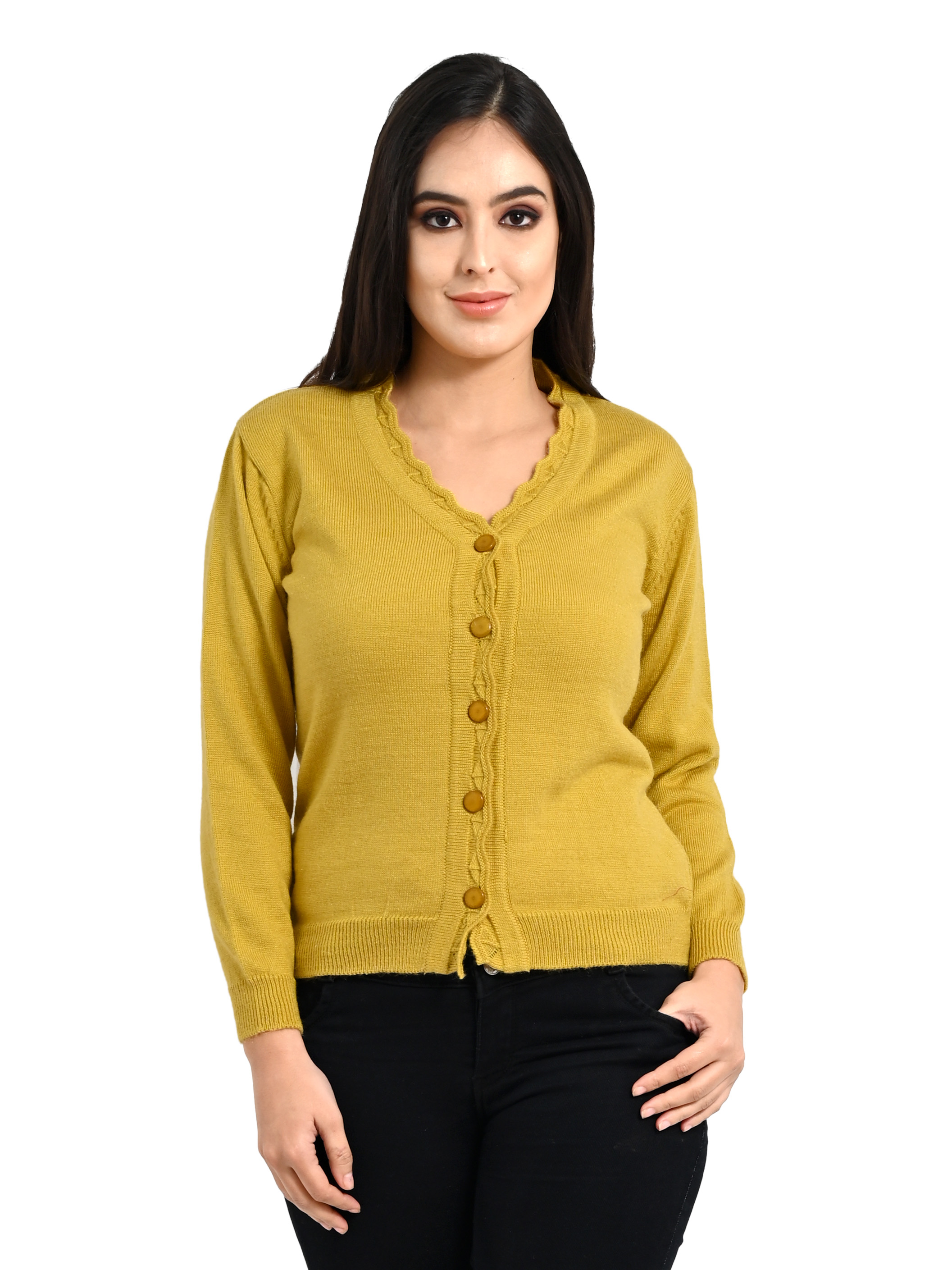 Buy Ogarti woollen full sleeve V neck Mustard colour Women's Cardigan ...