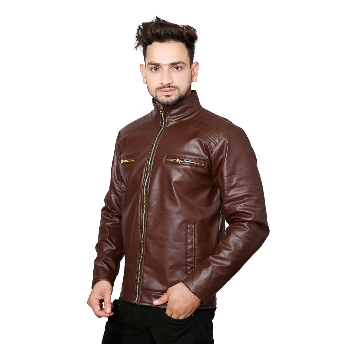 Buy Alpha Men's Brown Faux Slim Fit Leather Jacket Online @ ₹529 from ...