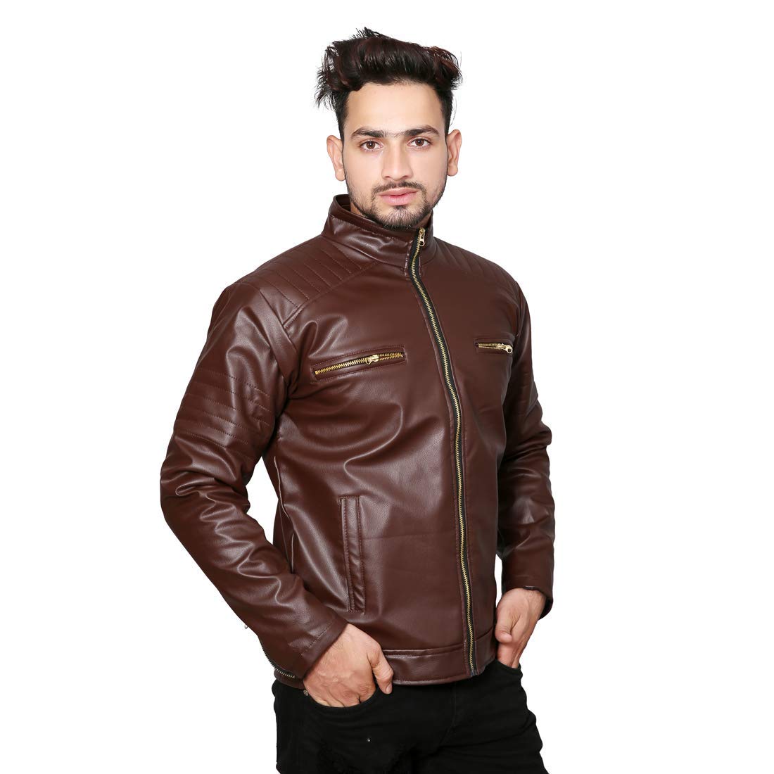 Buy Alpha Men's Brown Faux Slim Fit Leather Jacket Online @ ₹529 from ...