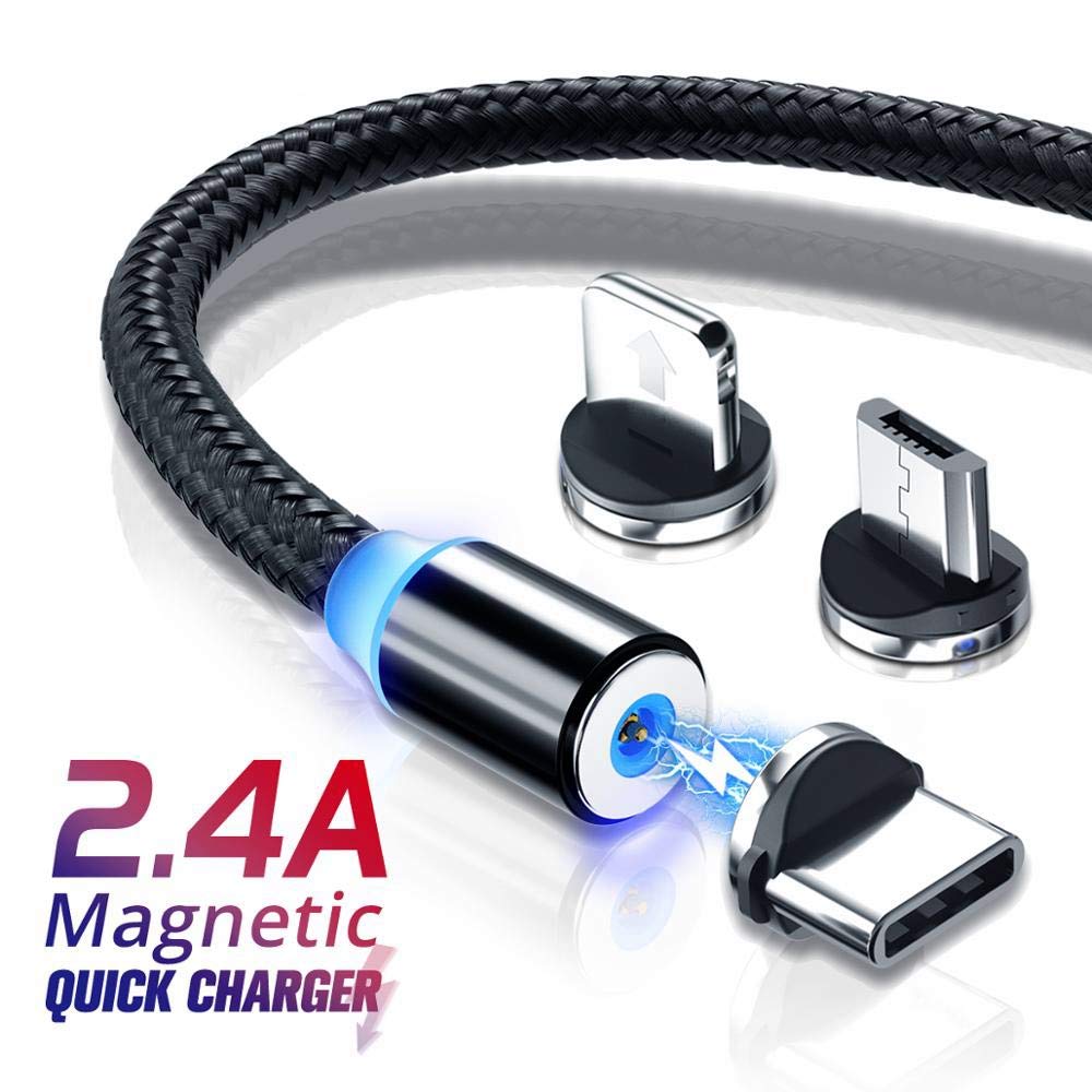 3 in 1 Magnetic Charging Cable Zinc Alloy Nylon Braided Cable with LED Light Cable for Micro USB/Type C/Lightning 8 Pin