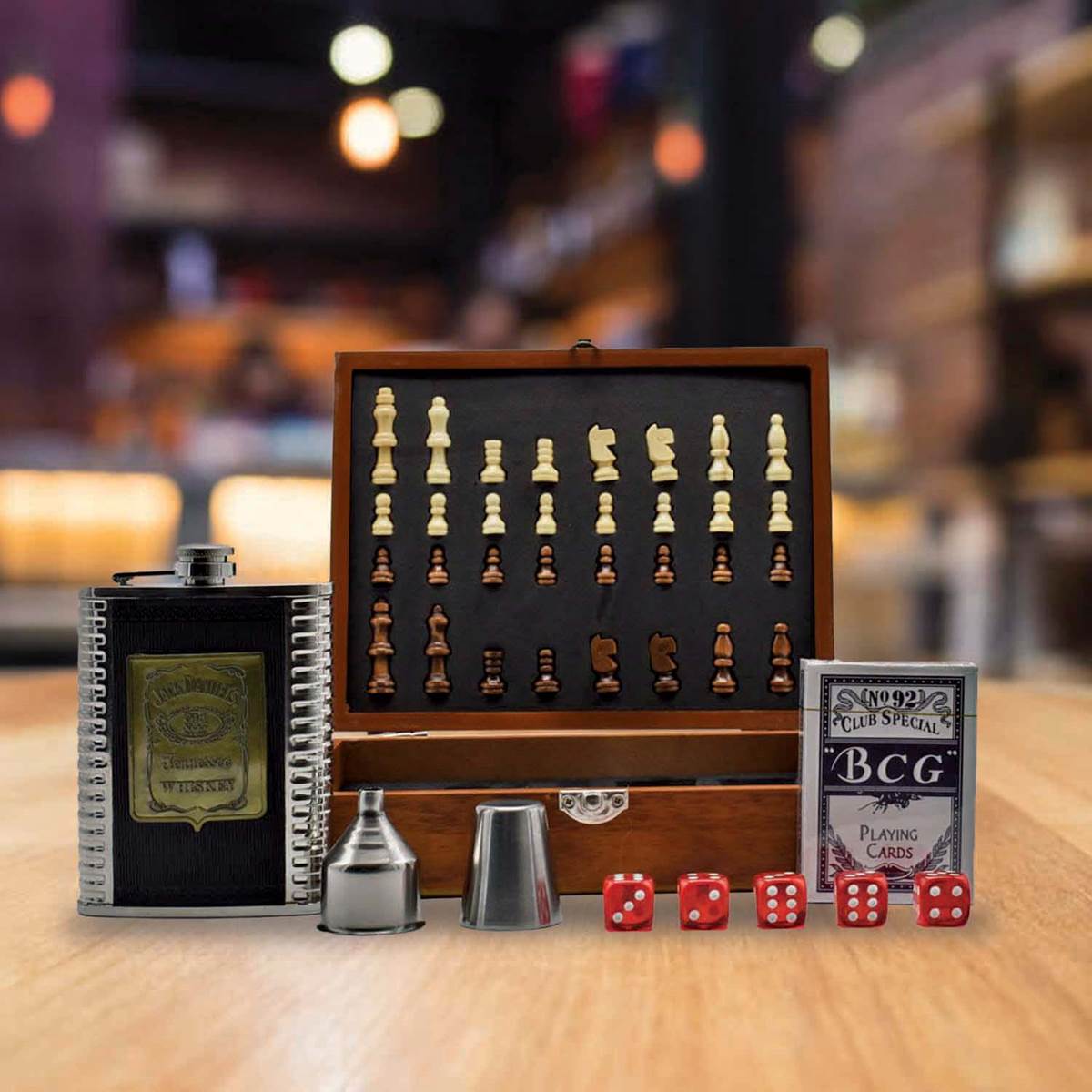 Jack Daniels Stainless Steel Hip Flask Set 1 Hip Flask 8oz , 1 Short Glass, 5 Dice, 1 Playing Car