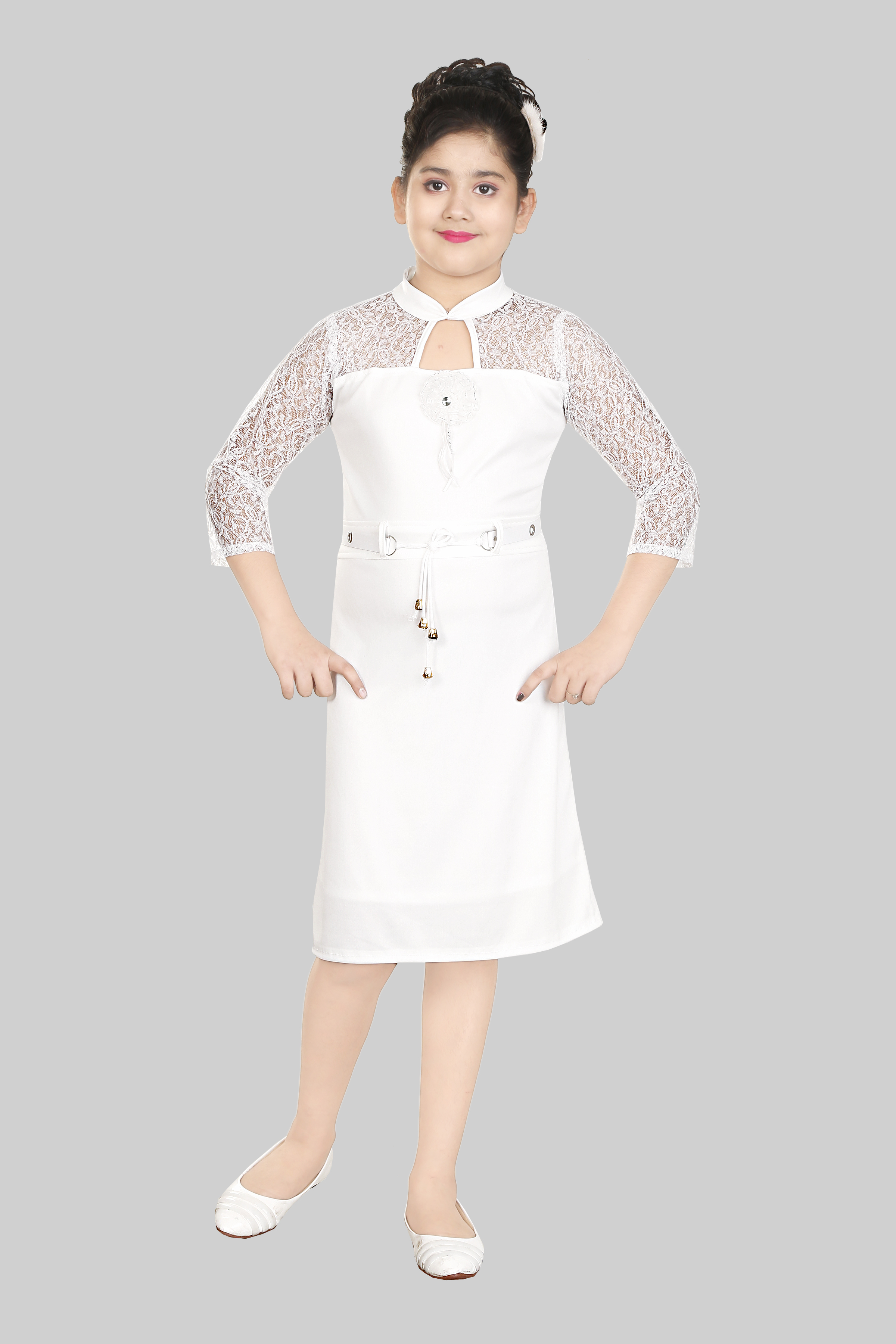 SBN Girls Solid White Party Wear Dress With Net