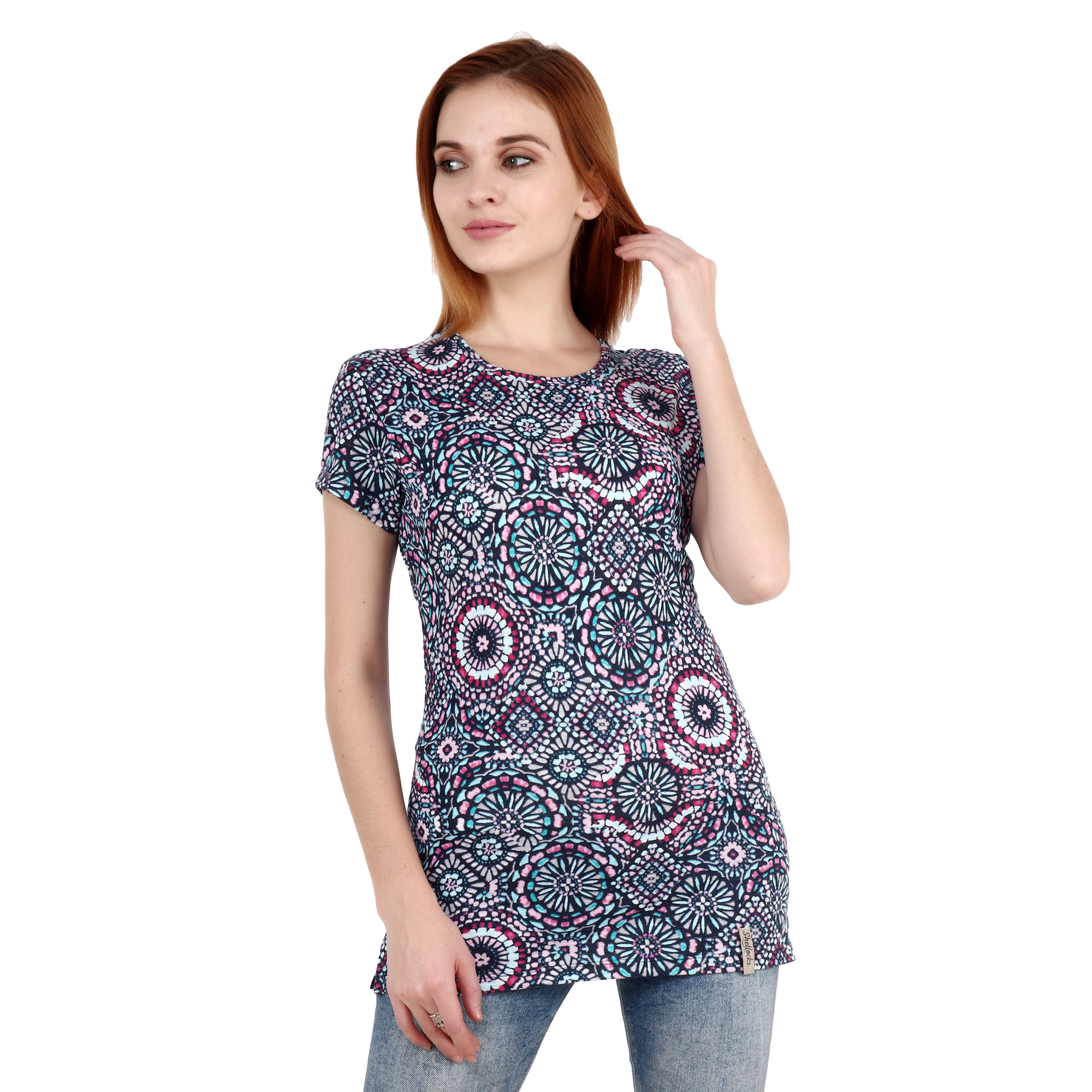Shellocks Printed Cotton Hosiery Round Neck Half Sleeve Long Multicolor T Shirt for Women