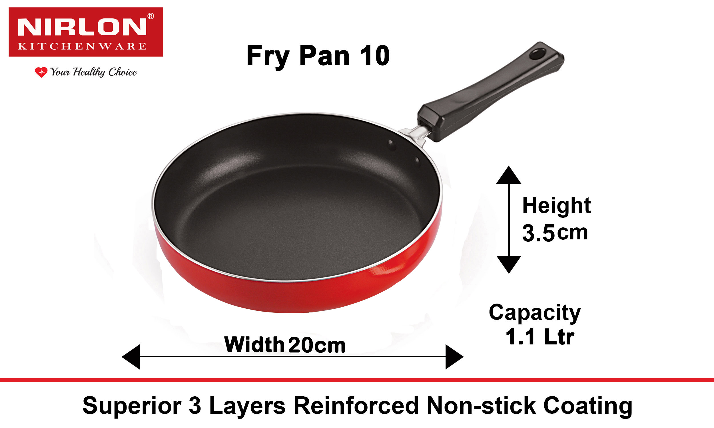 Nirlon Aluminium Non Stick Fry Pan, 20 cm, Red and Black