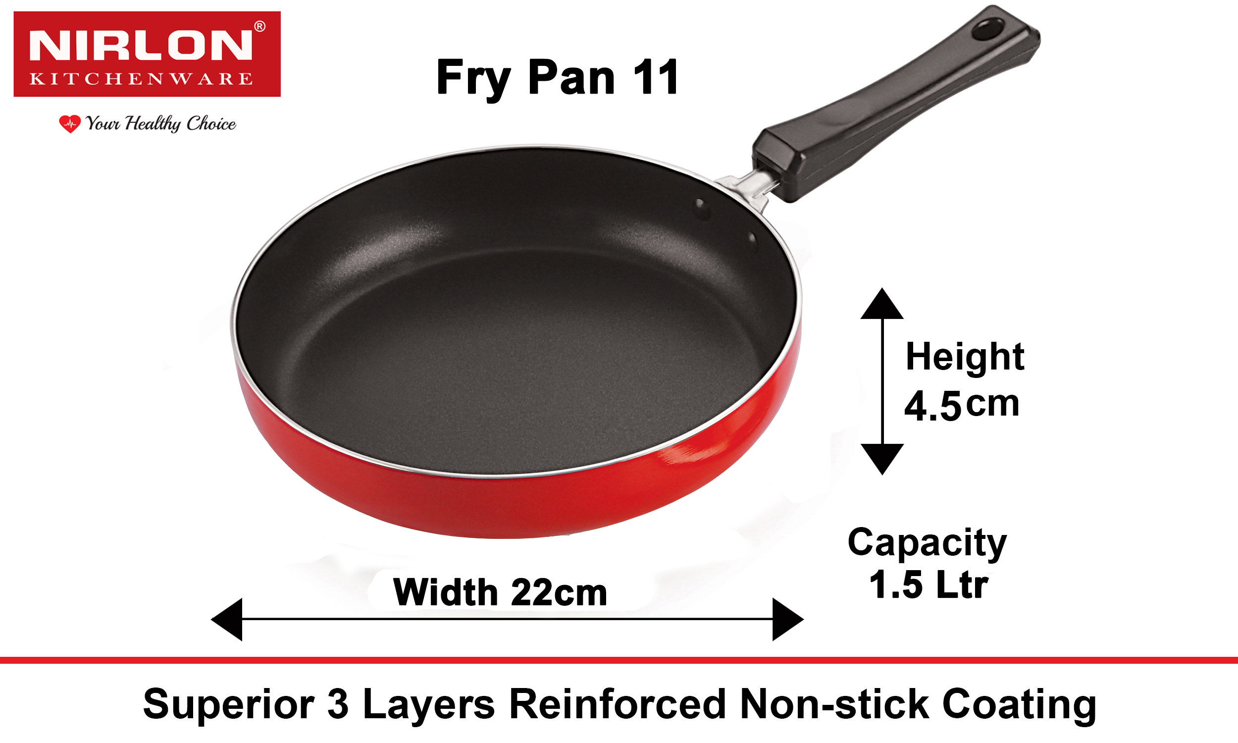 Nirlon Aluminium Non Stick Frying Pan, 22 cm, Red and Black