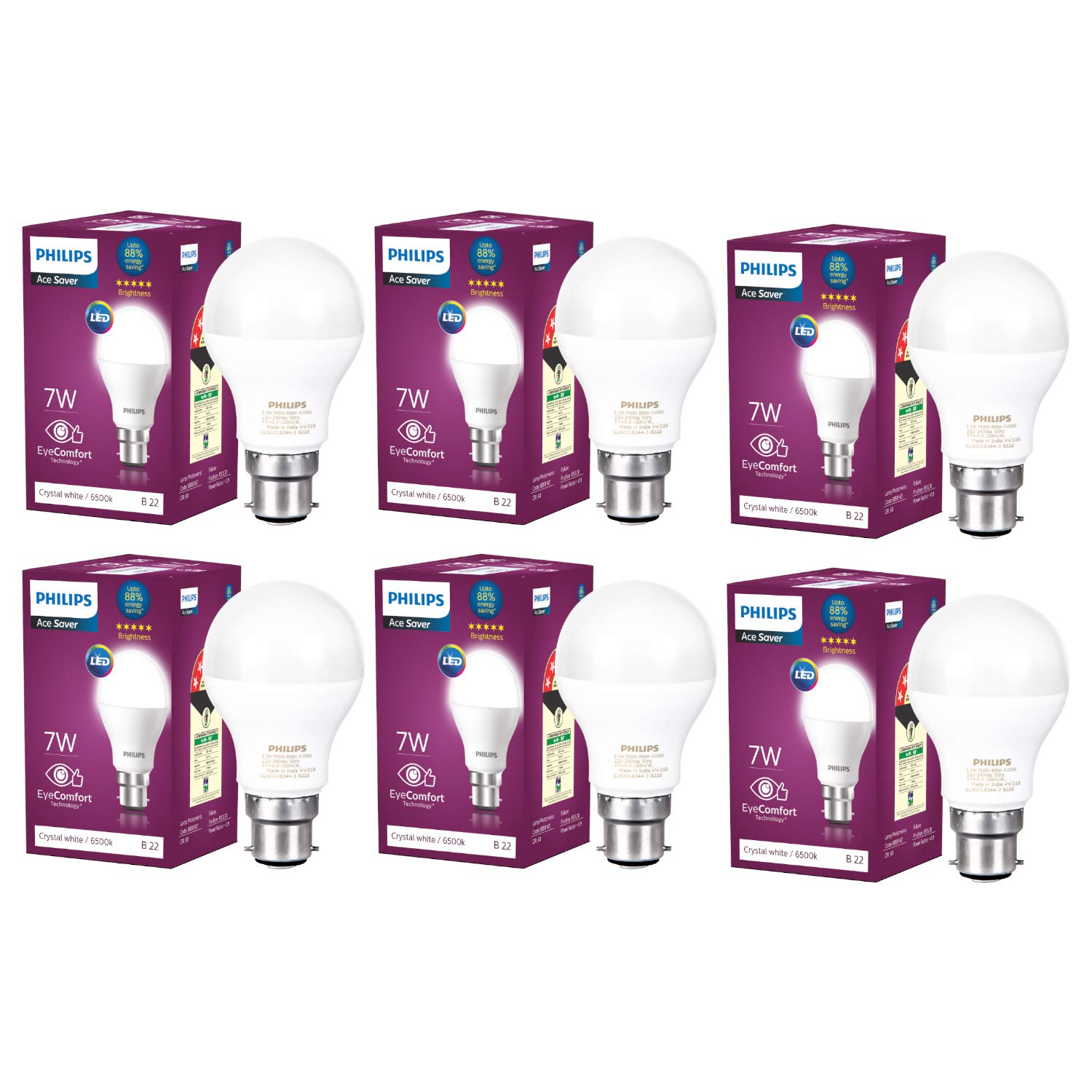 Philips Base B22 7 Watt LED Bulb Pack of 6, Cool Day Light