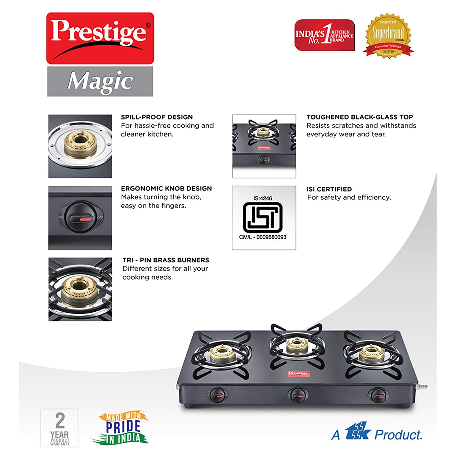 Buy Prestige 3 Burner Magic Glass Top, Black Gtmc 03 (Gas Stove