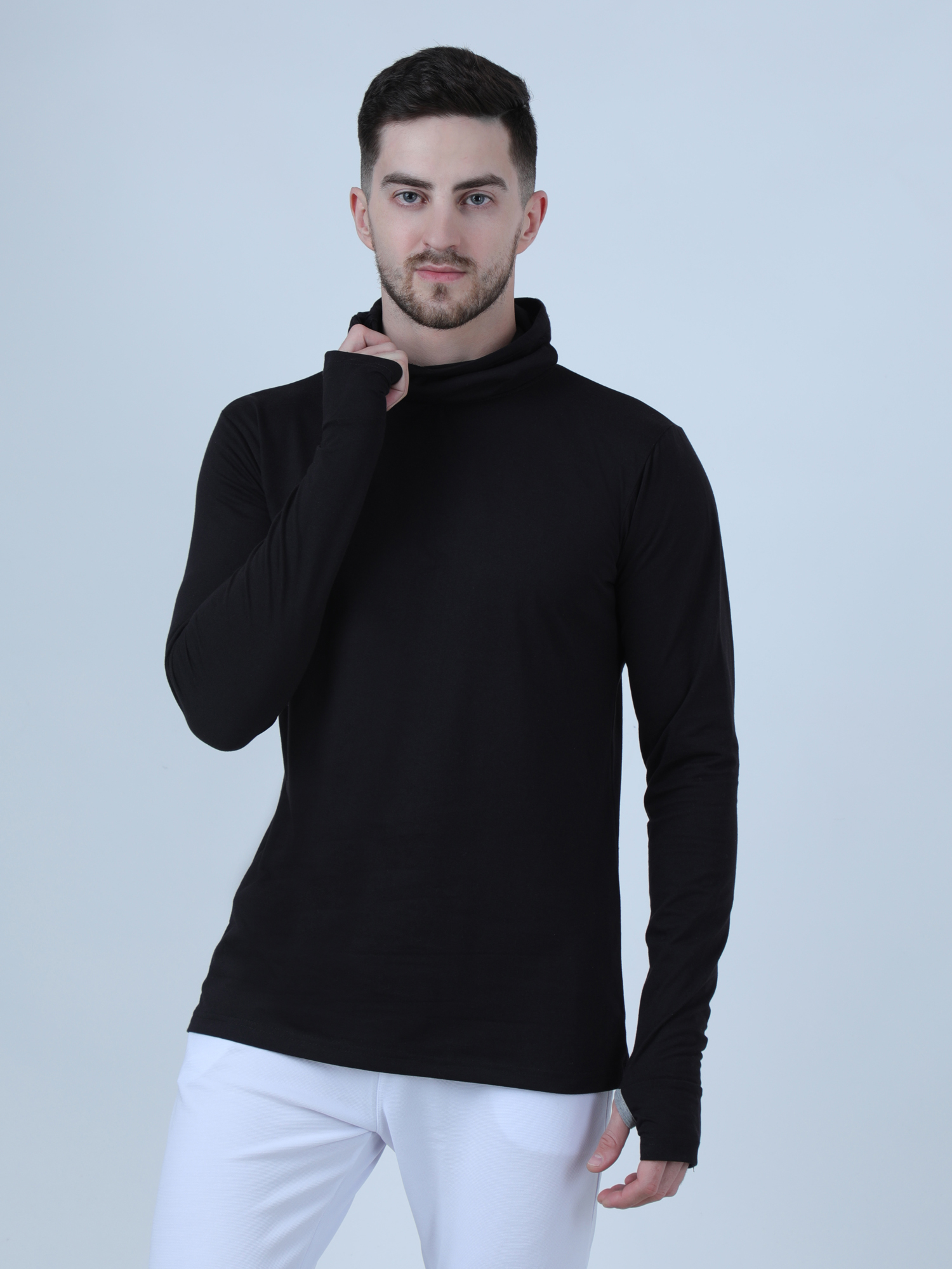 PAUSE Black Solid Turtle Neck Slim Fit Full Sleeve Men's Mask T Shirt
