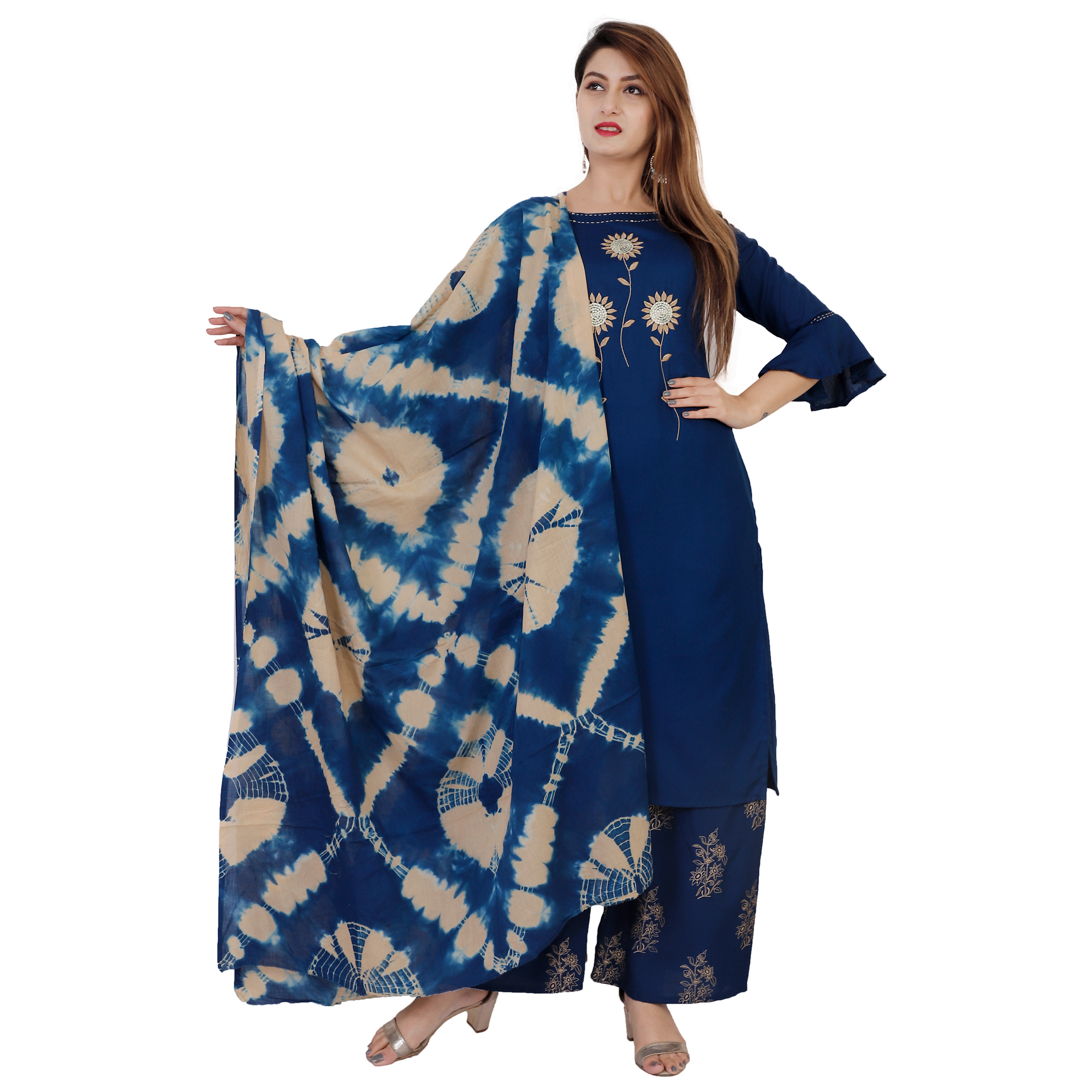 Printed Grey Rayon Kurta With Palazzos & With Dupatta