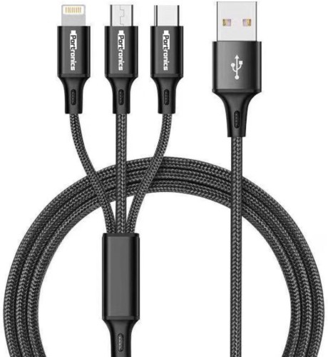 Portronics POR 1051 Konnect Trio Plus Nylon Braided 1.2 m USB Type C Cable Compatible with Mobile, Black