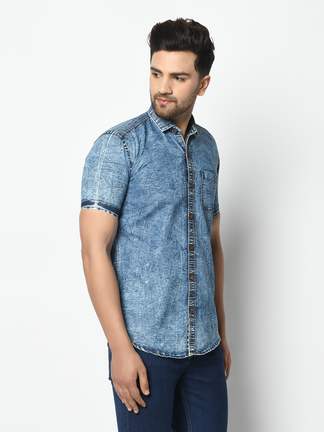 Buy Clothinkhub Blue Half Sleeves Solid Denim Shirt for mens Online ...