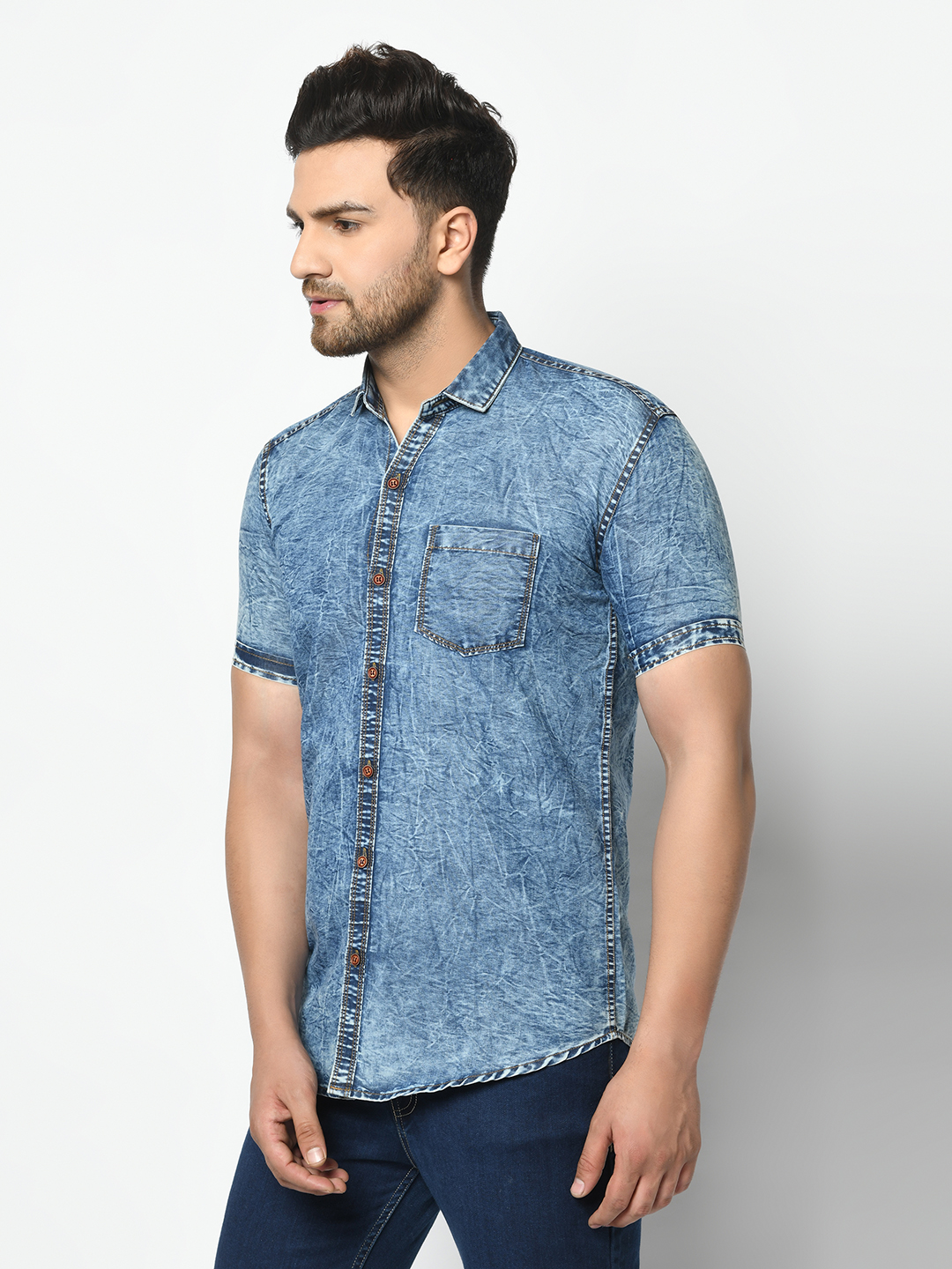 Buy Clothinkhub Blue Half Sleeves Solid Denim Shirt for mens Online ...