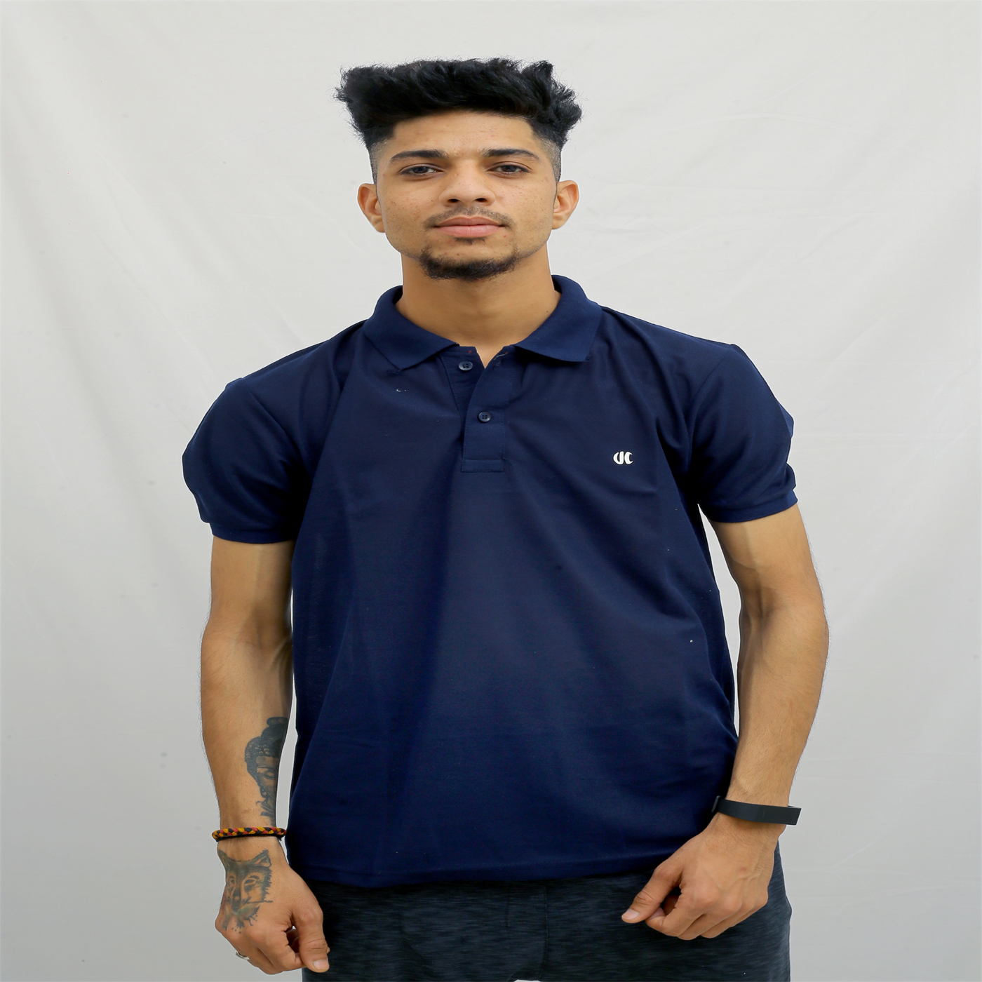 Urban Hero Solid Navy Blue Men Polo Neck T Shirt