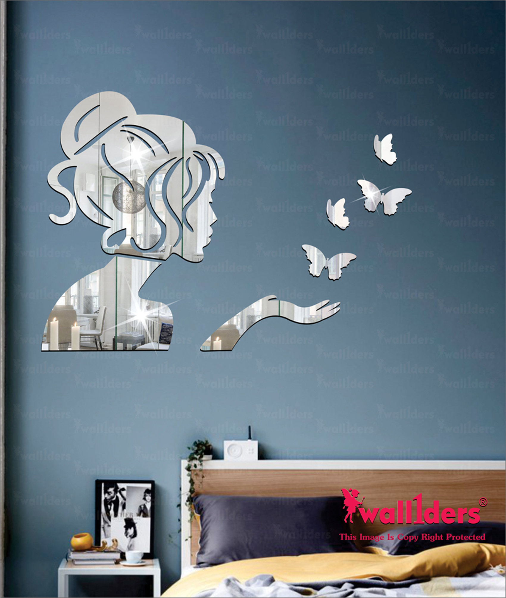 Wall1ders Angel 4 Butterflies Silver 3D Acrylic Stickers, 3D Acrylic Mirror Wall Stickers for Home Offices.