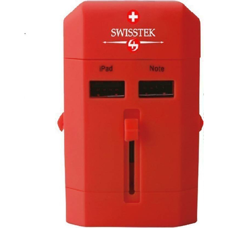 Swisstek Universal Travel Chargers with USB Ports Worldwide Adaptor Red