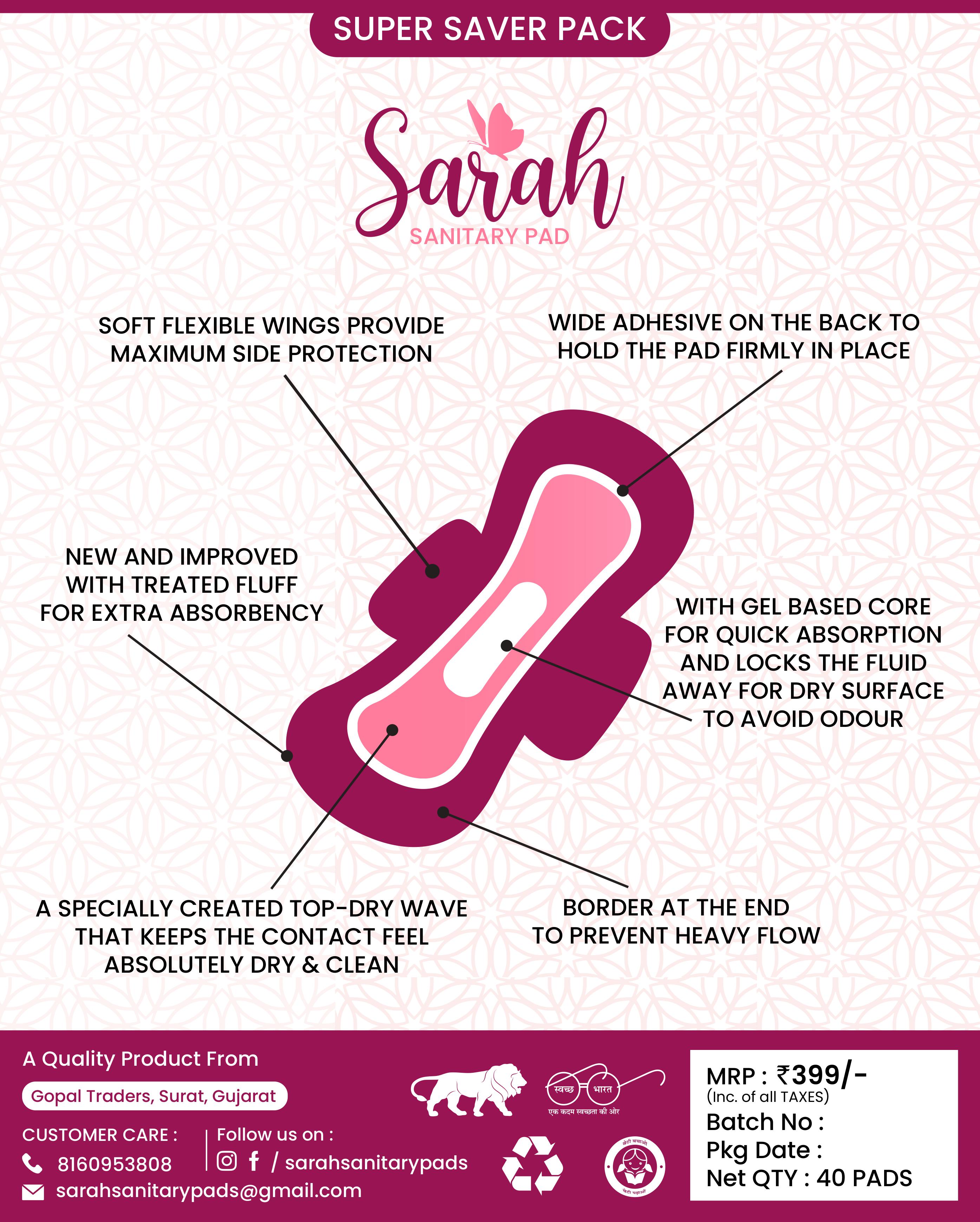 Buy Sarah Sanitary Pads Cottony Soft Cover Sanitary Pads For Women With Wings, 40 Pads, XXL