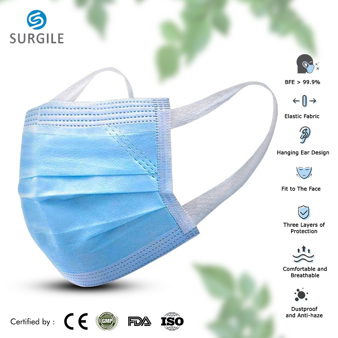Buy Surgile 3 Layer Disposable Face Mask With More Comfortable Non Woven Elastic Ear Loops 7918