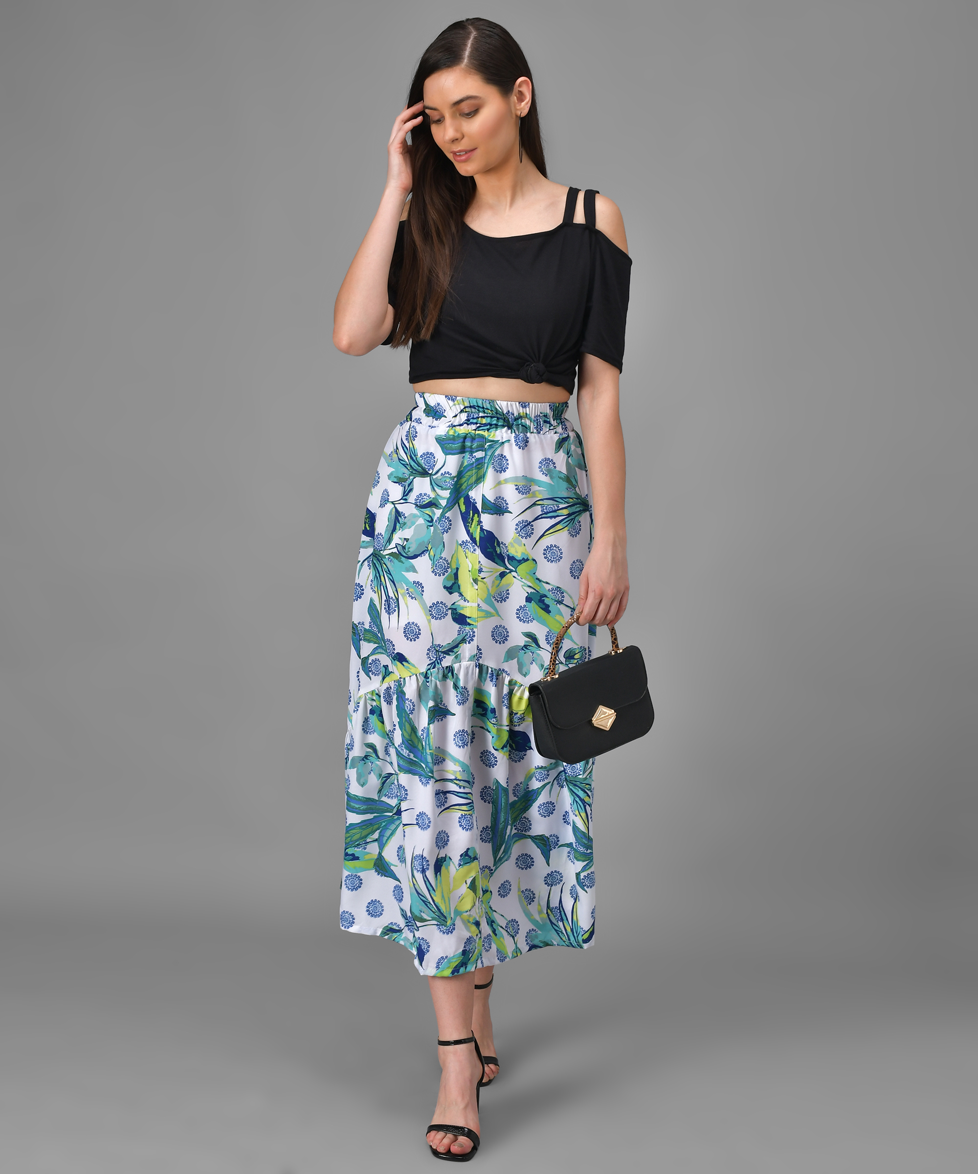 Elizy Women Black Double Stripe Top Floral Printed Skirts