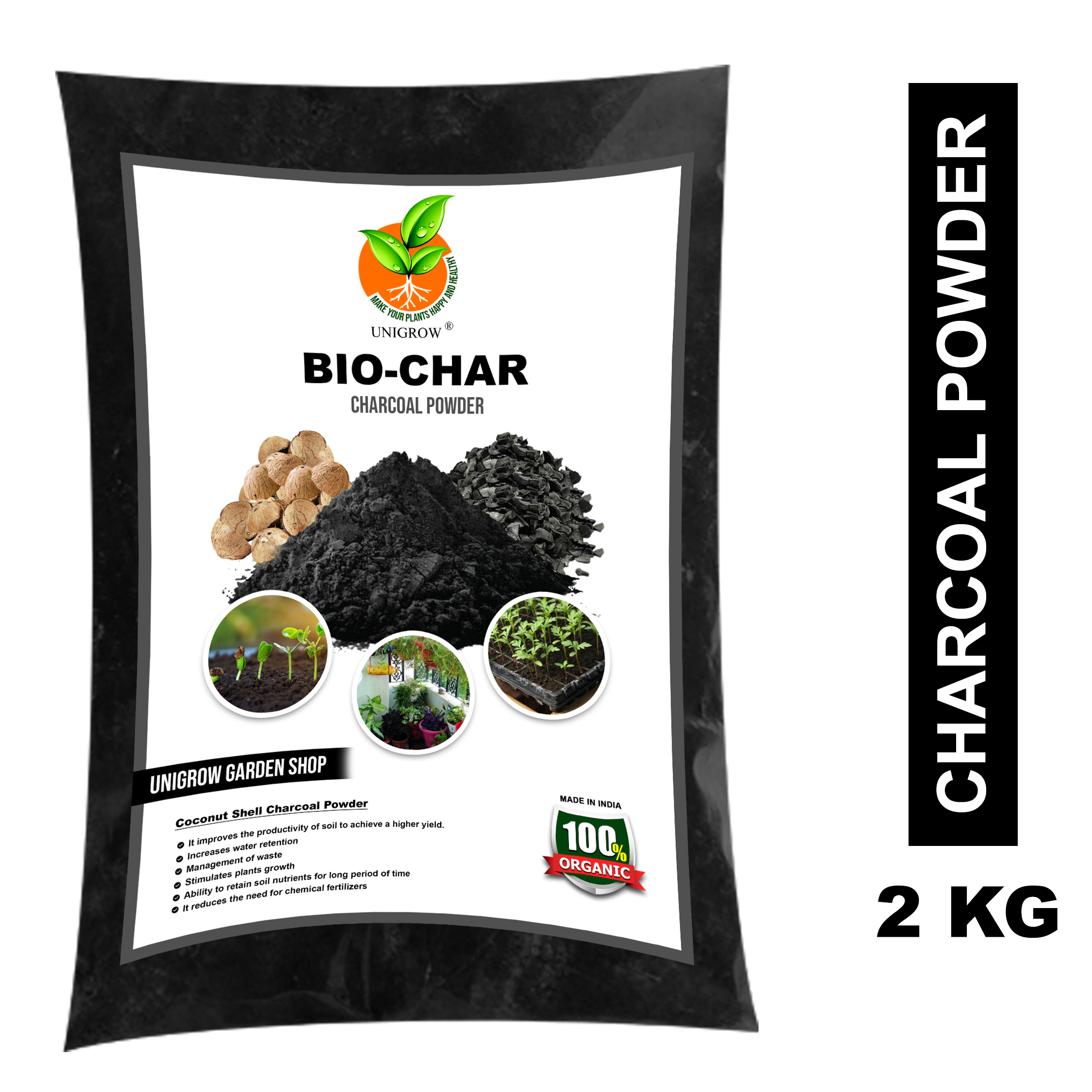 Buy UNIGROW Coconut shell charcoal powder 2Kg pack (Bio Char) Gardening