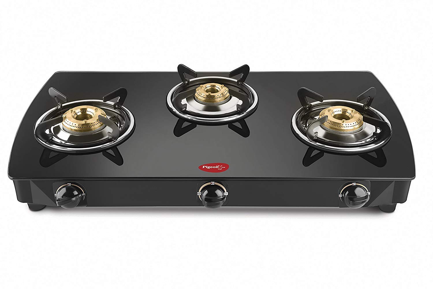 Pigeon Stovekraft Brunet 3 Burners Stainless Steel and Glass Top Gas Stove with Heavy Brass Burner  Black 