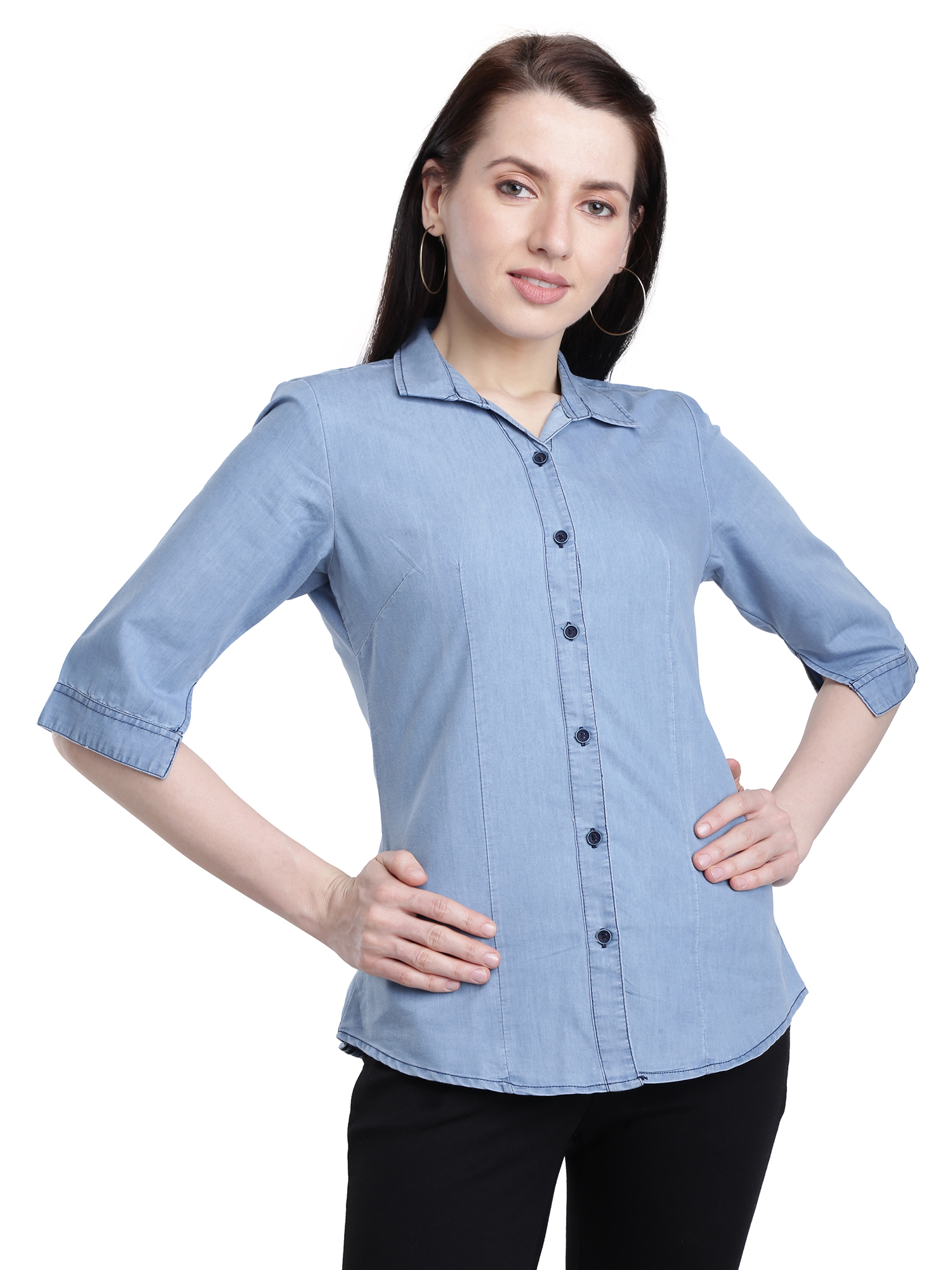 Kandy Women's Plain 3/4 Sleeves Casual LightBlue Denim Shirt