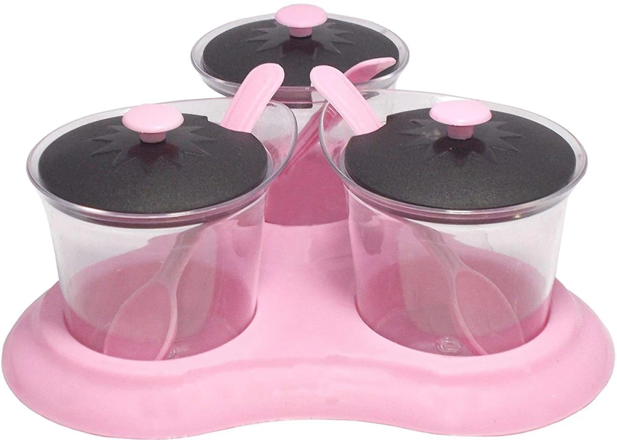 Solomon Premium Quality 3 in 1 Multipurpose Plastic Dining Achaar Jars Stand, Pickle Storage Container  Pink 