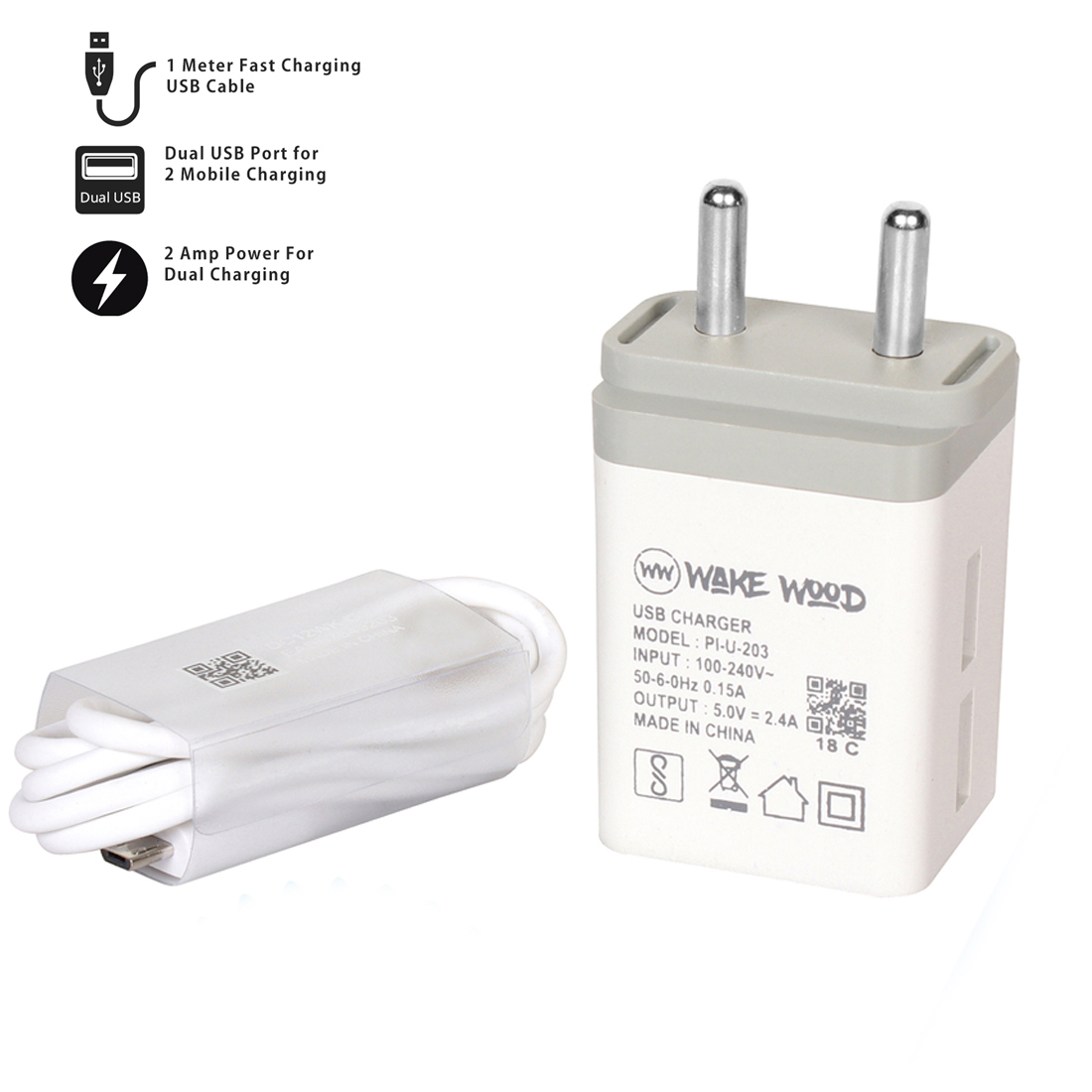 2 Amp Dual Socket Mobile Charger with 1 m Fast Charging Micro USB Data Cable