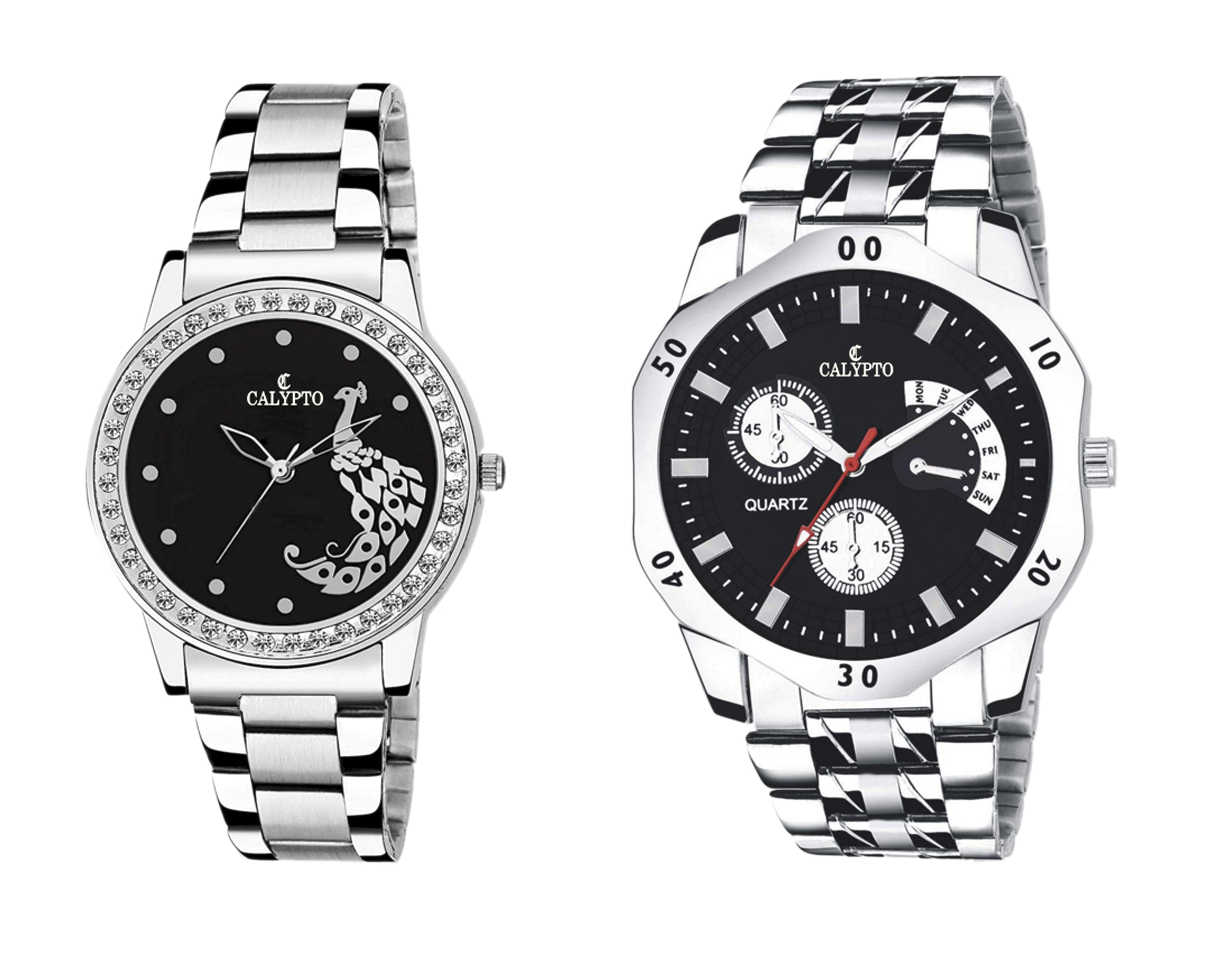 CALYPTO Black Dial Stainless Steel Chain Analog Wrist Couple Watch for MenWomen Pack of 2